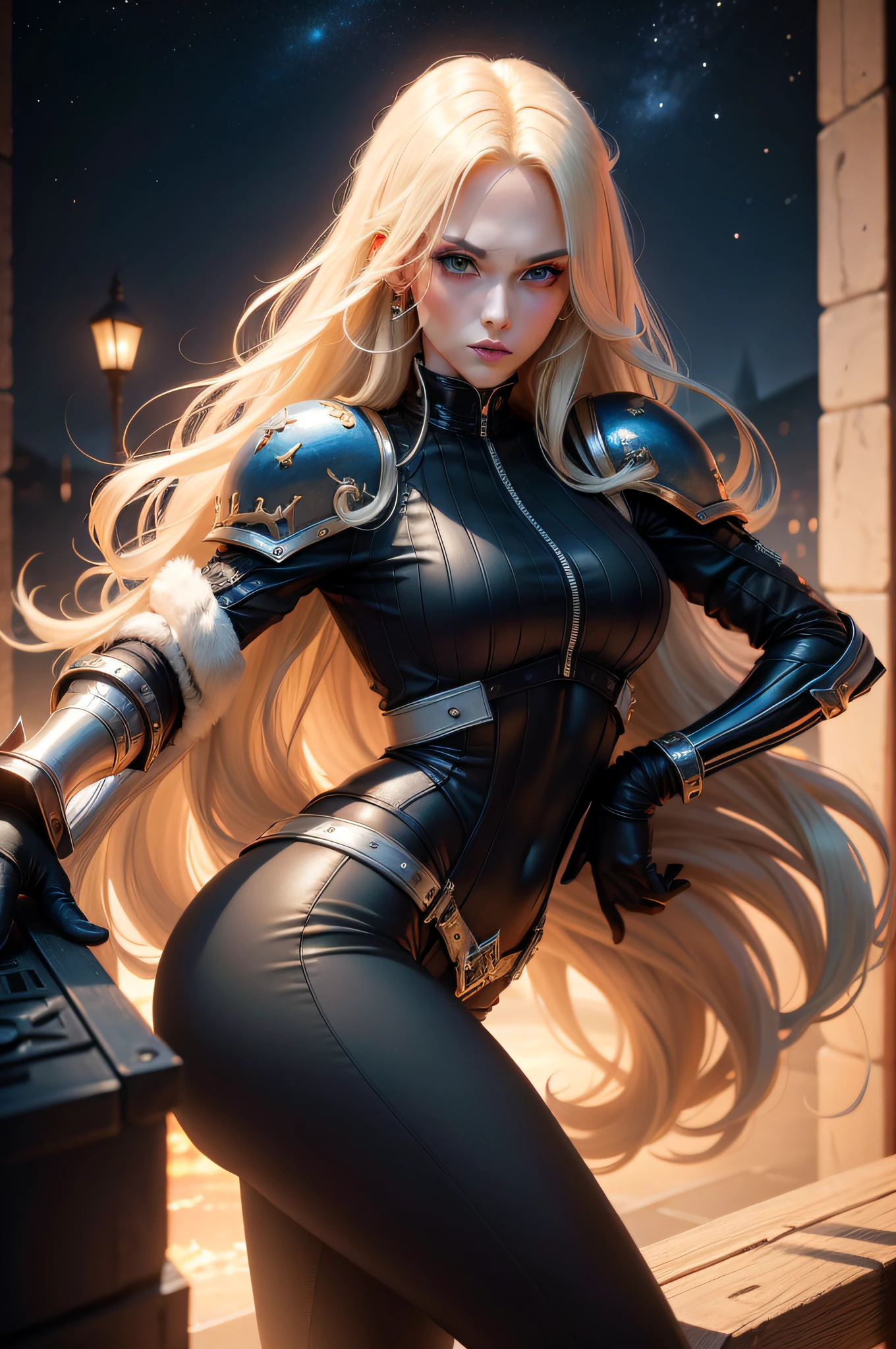30 year old women, fabulous, gorgeous, best quality, 8k, European, long blonde hair, blue eyes, Long legs, leggings, aggressive facial expression, space marine, Fujifilm, 12k, gothic, dark, ultra sharp