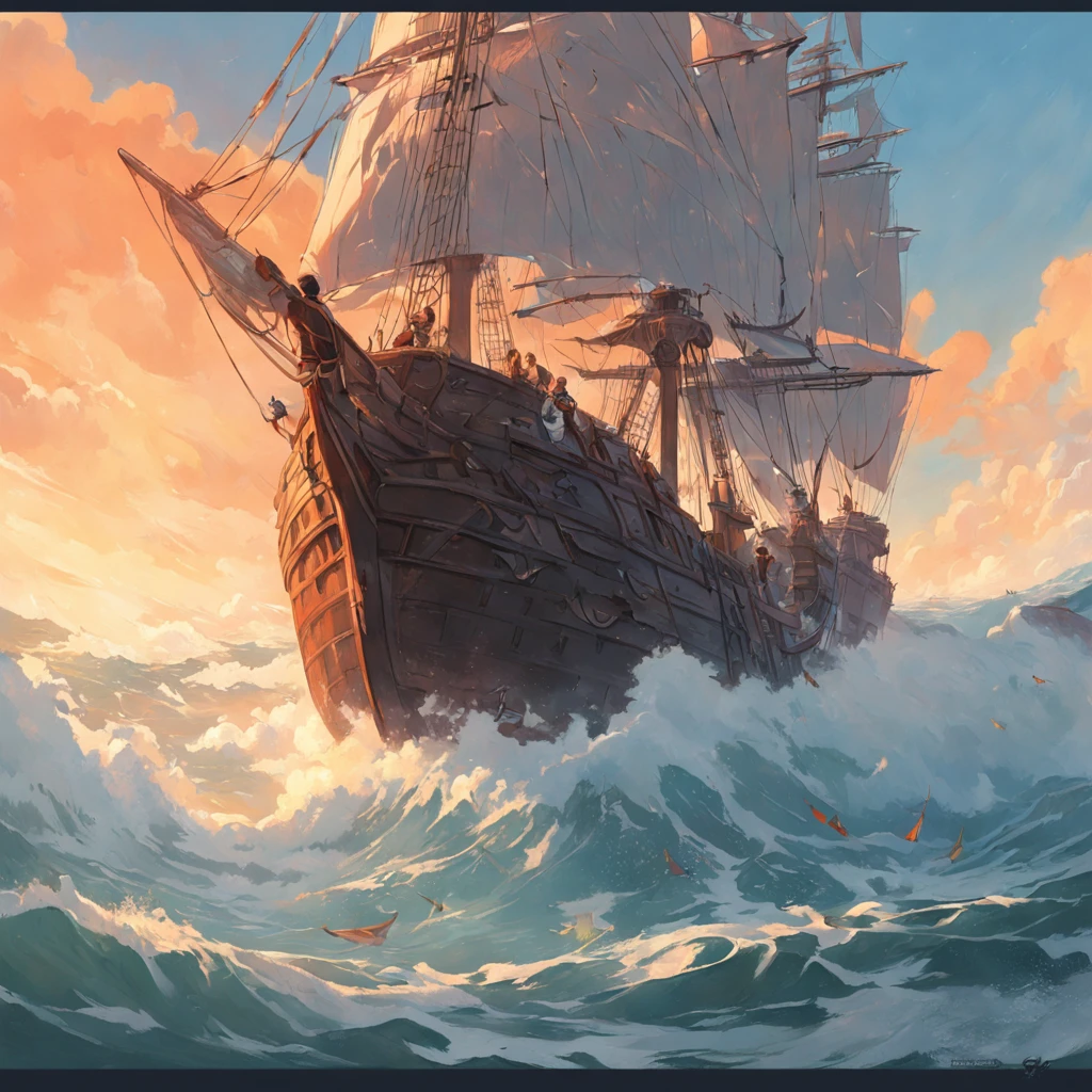Um navio pirata em um mar calmo e sem ondas, Sky has no clouds, Detailed oil painting, Unreal rendering 5, RHADS, Sargent e Ryan Decker, Savlasov Levitan Polenov, Por Bruce Pennington, por Ghibli studio, Tim Hildebrandt, arte digital, pintura de paisagem, rendering by octane, beautiful composition, trending on artstationh, uma fotografia premiada, master part, Busque estilo, (dreamlike art:1.2). Estilo MDJRNY-V4