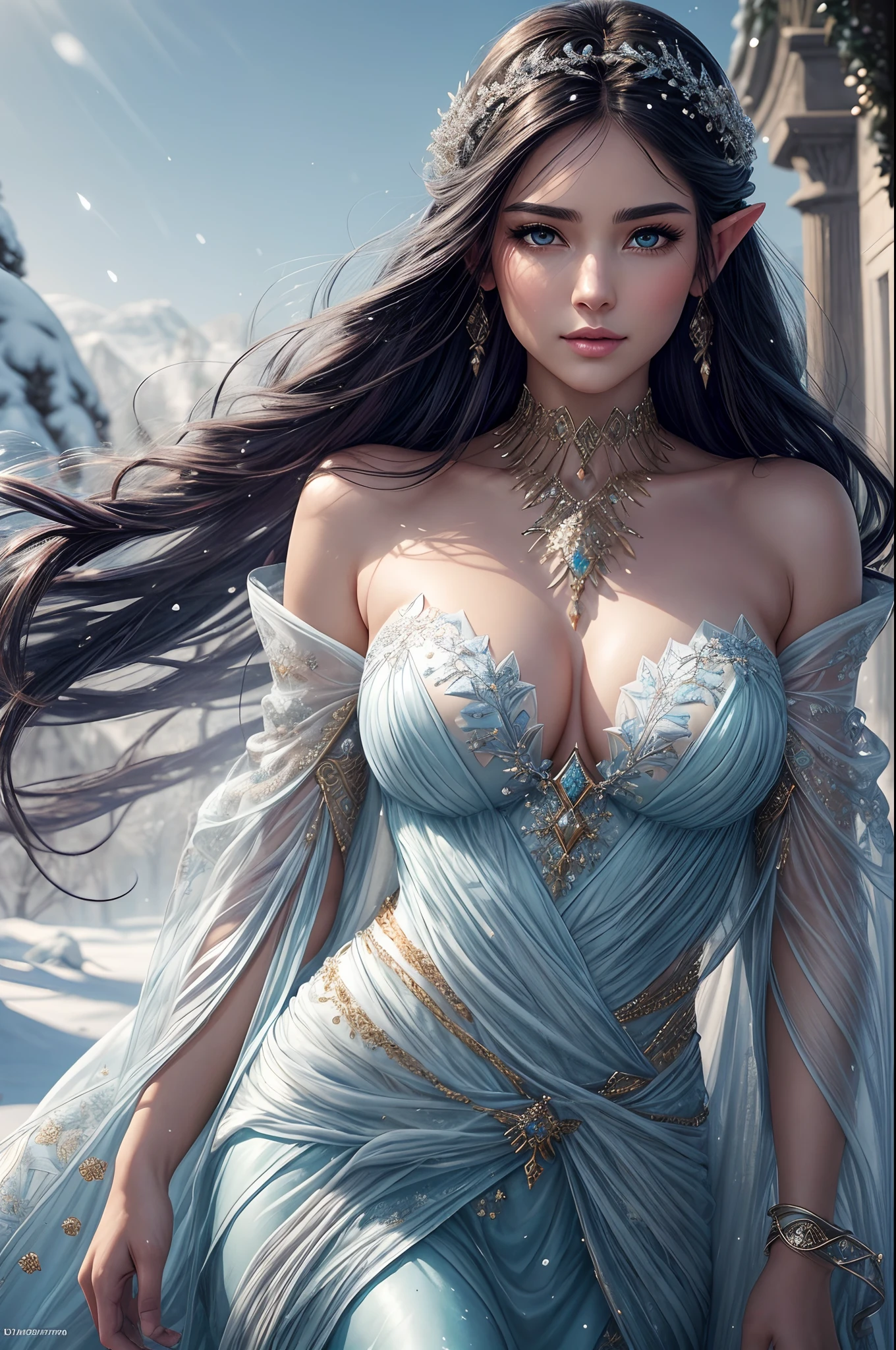 This is a realistic fantasy artwork taking place in a subzero cold winter landscape. Generate a stately, elegant, and graceful Pocahontas elf in a magical world of stunning gilded roses with multicolors and shimmering ice glittering in the light. Her face is elegant and middle-aged and includes realistic shading, incredibly detailed and distinct features, soft puffy and kissable mouth, and (realistic eyes). (Her eyes are important) and should be (beautiful detailed eyes with macro details), realistic details, and a shifting array of beautiful blue colors. Her clothes should be delicately spun from weightless, airy, and expensive gossamer silk with delicate and very subtle floral embroidery, (((many warm layers))), and a variety of complementary colors as well as lots of luxurious fur. Her breasts are subtle and her clothing is very warm and heavy. This image is incredibly creative and emphasizes the beautiful detail of the gilded roses and the pure snow on the ornate ice. Include beautiful detailed snowflakes, icy air, and magical doves. Include pebbles, stones, bumps, glitter, and iridescence. Camera: Utilize dynamic composition techniques to draw the viewer into the scene. Lighting: Enhance the glitter of the snow and ice and emphasize the fantasy winter aspect of the image. Take inspiration from top masters of the genre and trending Midjourney and ArtStation art.