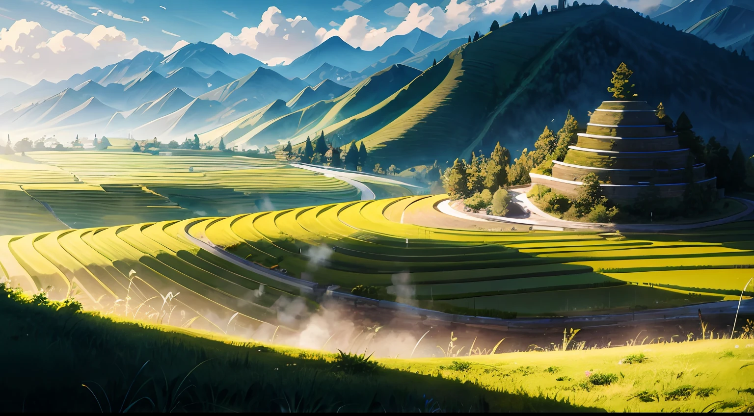 arafed view of a winding road in a valley with a mountain in the background, grass spiral mountain landscape, rice paddies, amazing landscape, futuristic valley, terraced, rolling green hills, terraced orchards and ponds, breathtaking landscape, made of tree and fantasy valley, beautifully lit landscape, natural landscape beauty, shadows. asian landscape, peaceful landscape, stunning landscape