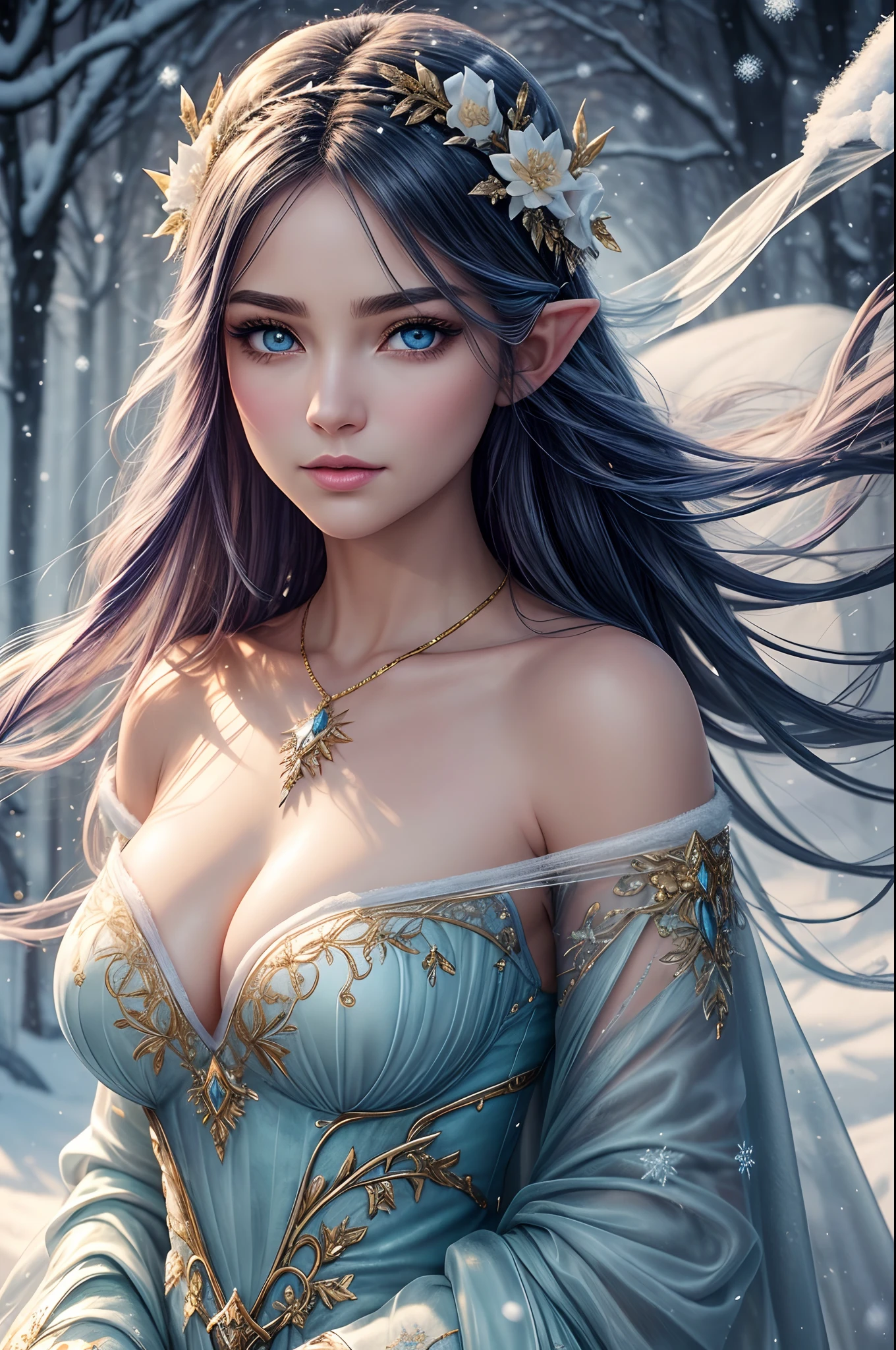 This is a realistic fantasy artwork taking place in a subzero cold winter landscape. Generate a stately, elegant, and graceful Pocahontas elf in a magical world of stunning gilded roses with multicolors and shimmering ice glittering in the light. Her face is elegant and middle-aged and includes realistic shading, incredibly detailed and distinct features, soft puffy and kissable mouth, and (realistic eyes). (Her eyes are important) and should be (beautiful detailed eyes with macro details), realistic details, and a shifting array of beautiful blue colors. Her clothes should be delicately spun from weightless, airy, and expensive gossamer silk with delicate and very subtle floral embroidery, (((many warm layers))), and a variety of complementary colors as well as lots of luxurious fur. Her breasts are subtle and her clothing is very warm and heavy. This image is incredibly creative and emphasizes the beautiful detail of the gilded roses and the pure snow on the ornate ice. Include beautiful detailed snowflakes, icy air, and magical doves. Include pebbles, stones, bumps, glitter, and iridescence. Camera: Utilize dynamic composition techniques to draw the viewer into the scene. Lighting: Enhance the glitter of the snow and ice and emphasize the fantasy winter aspect of the image. Take inspiration from top masters of the genre and trending Midjourney and ArtStation art.