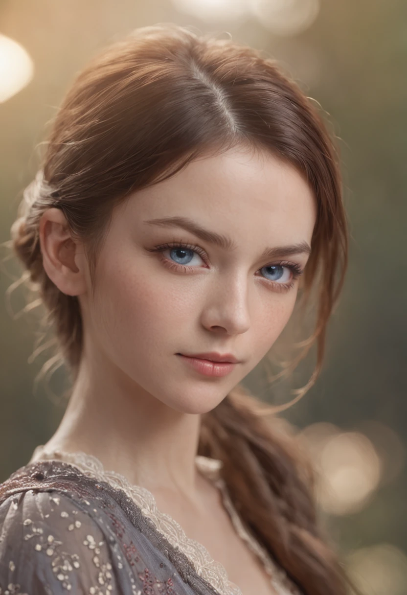 there is a woman, ponytail hair, realistic blue eyes, almond-shaped eyes, one little mole above upper lip, photorealistic beautiful face, looking directly to the camera, headshot, cinematic lighting, depth of field, bokeh, realism, photorealistic, hyperrealism, professional photography, uhd, dslr, hdr