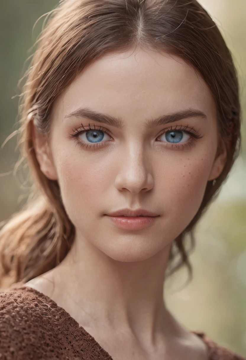there is a woman, ponytail hair, realistic blue eyes, almond-shaped eyes, one little mole above upper lip, photorealistic beautiful face, looking directly to the camera, headshot, cinematic lighting, depth of field, bokeh, realism, photorealistic, hyperrealism, professional photography, uhd, dslr, hdr