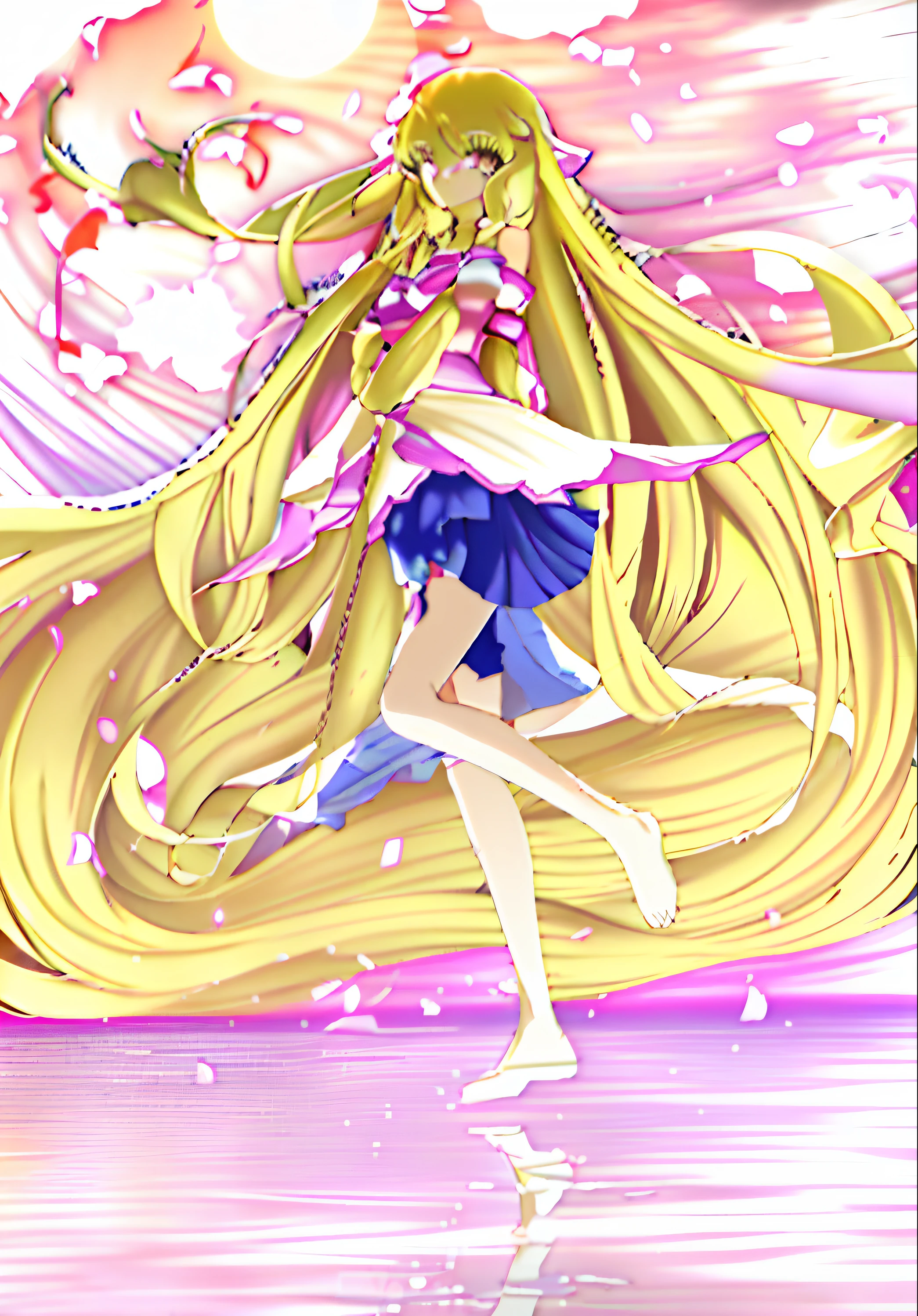 1 girl, blonde hair, blonde woman, hairlong, bright pink eyes, pastel colours, big breastes, Cute hair clips, tattoos on body, bracelets on hands, masterpiece, high quality, best quality, high resolution, 4k, high definition, beautiful lighting, highly detailed face, well designed hands, well designed legs, well drawn feet, well drawn eyes