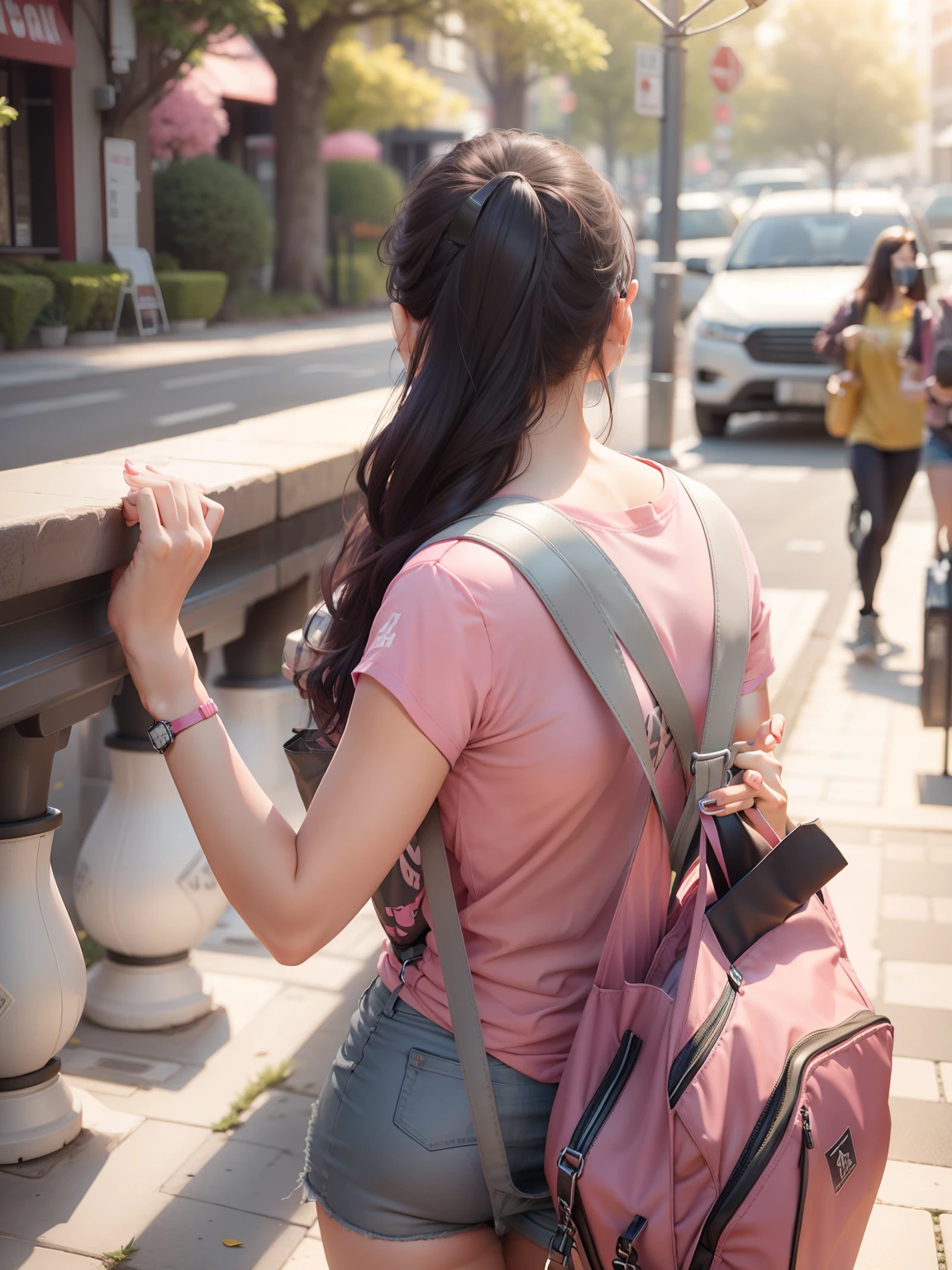Realistic,spring season, 4k ultra,pink t shirt, black hair, grey bag