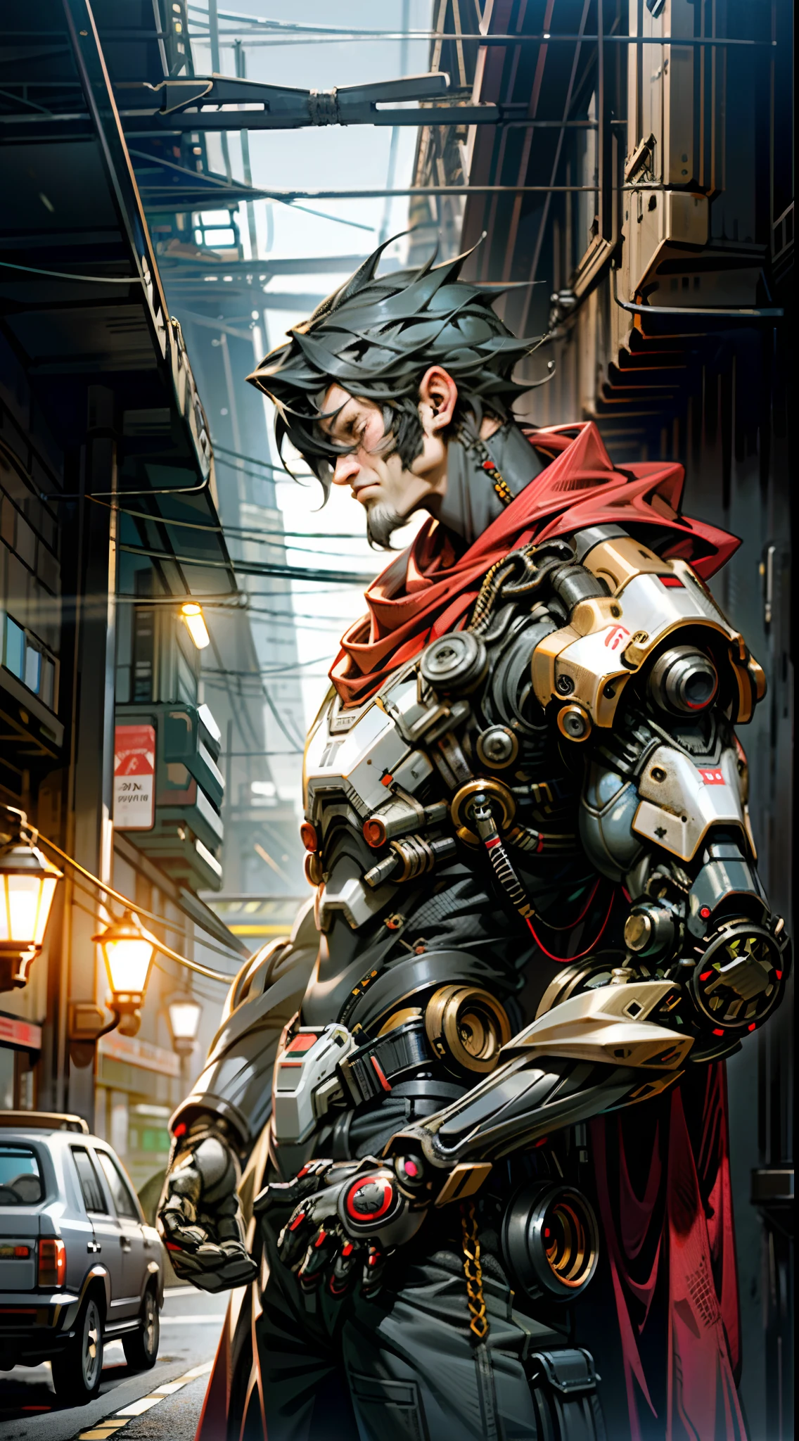 8K wallpapers, ultra-detailed works, cinematic lighting, realistic photos, Dark_Fantasy, Cyberpunk, (chain saw, chain saw man, Red: 1.1), 1man, Mechanical marvel, Robotic presence, Cybernetic guardian, wearing a worn-out mech suit , intricate, (steel metal [rust]), elegant, sharp focus, photographed by greg rutkowski, soft lighting, vibrant colors, masterpiece, ((street)), cowboy shot, dynamic pose,