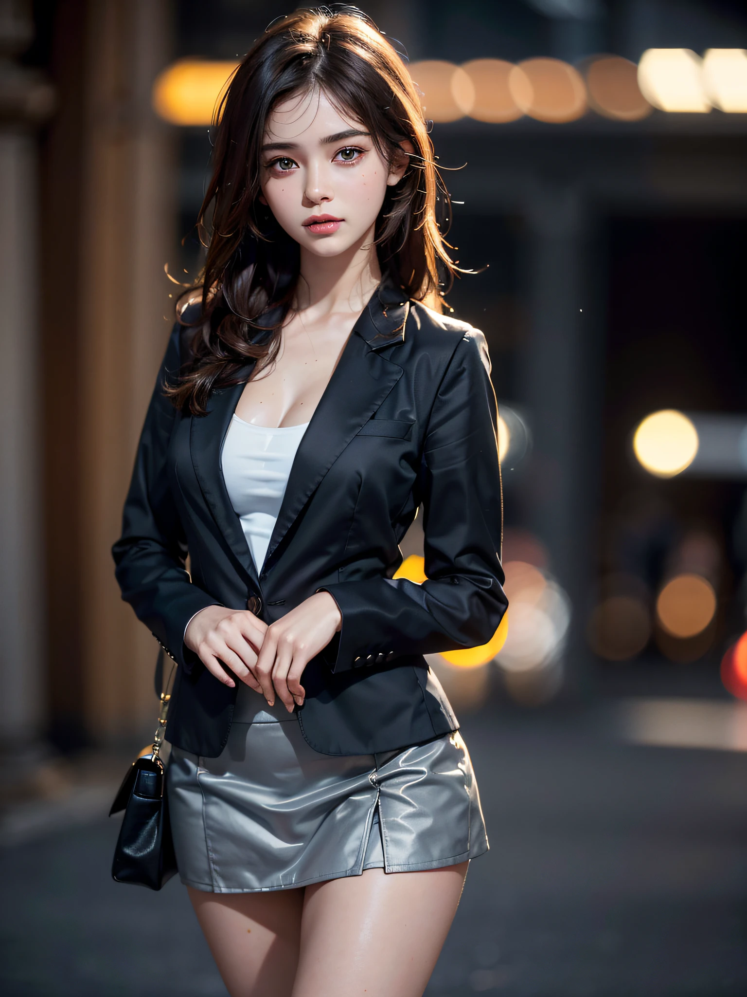 best quality, masterpiece, 1girl, Beautiful face, (photo realistic:1.3), rim lighting, (high detailed skin:1.2), 8k uhd, dslr, high quality, high resolution, 4k, 8k, Bokeh, absurdres, best ratio four finger and one thumb, (realistic:1.3), cute 1girl, wearing black formal blazer, medium breasts, short skirt,