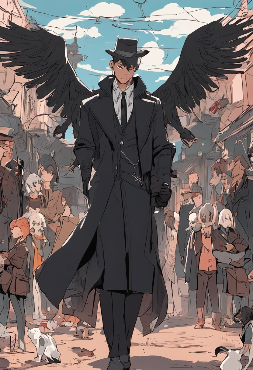 Animeman,tall figure,Wearing a black trench coat longer than the knee,The black crow is spinning around,A black cat was waiting gracefully beside。Men look at you,With a strange and charming smile,Casually grab poker,The hair covering the tips of the ears is a little disheveled。His bio should be creepy、dangerous、terrifying,The big picture is very impactful,a person々can impress。His costume,A black trench coat must have complex elements,Unravel the mystery of a man,The resolution is 5000*3500,Highlight the intricate details and depictions of the spirit of his costumes