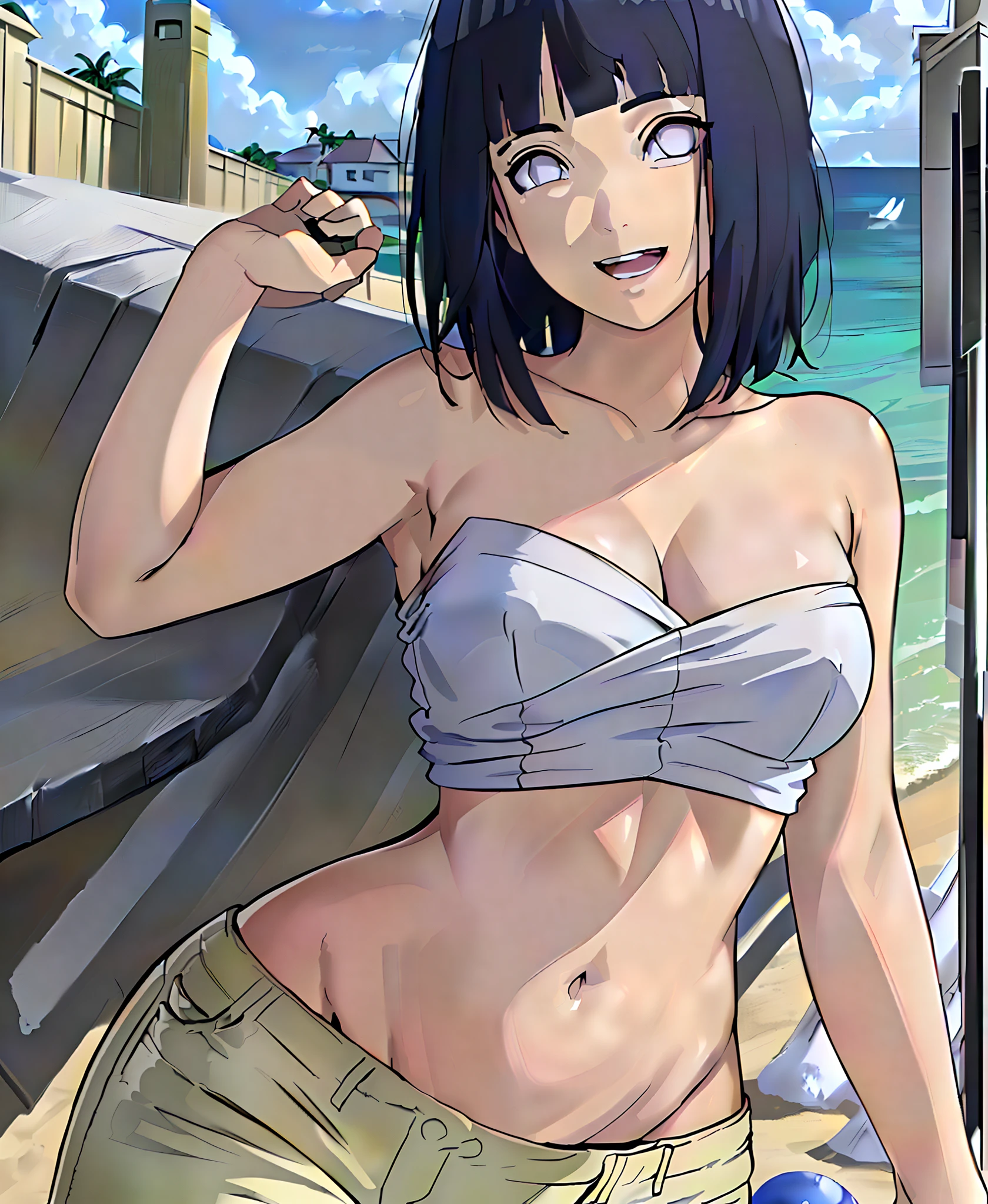 (WALLPAPER,  (hinata\(boruto\), masterpiece, 4k, vector coloring, whole body shot, contrast lighting, mature female, (curvy:0.8), solo, anime style, sharp focus, professional artwork, intricate details, detailed beach background, colorful, vibrant colors, vivid colors, digital blending, ultra detailed body, ultra detail hair, ultra detail face, trending on pixiv, very hot colors, sunny day, outdoor, detailed bold arm lines, high color saturation, bold lines, bold drawing lines),
(standing, open mouth, kind smile, extremely happy, goodbye, sexy pose),
((dark blue hair color:1.1), wavy hair, ((short hair, hime cut)),
(perfect eyes, white sciera, bright eyes, white eyes, anime eyes, smoky eyeliner, eyeshadow)
(white skin, slender body, milf, navel, groin, flat belly, perfect face, perfect thighs),
(Thighs, legs, big breasts, perky boobs, off-shoulders, (groin, detailed shoulders), 
(almost naked, only white clothes, bare chest, bare shoulders, bare hands, bare legs), 
(Naked, topless, (white micro pants), no top)
