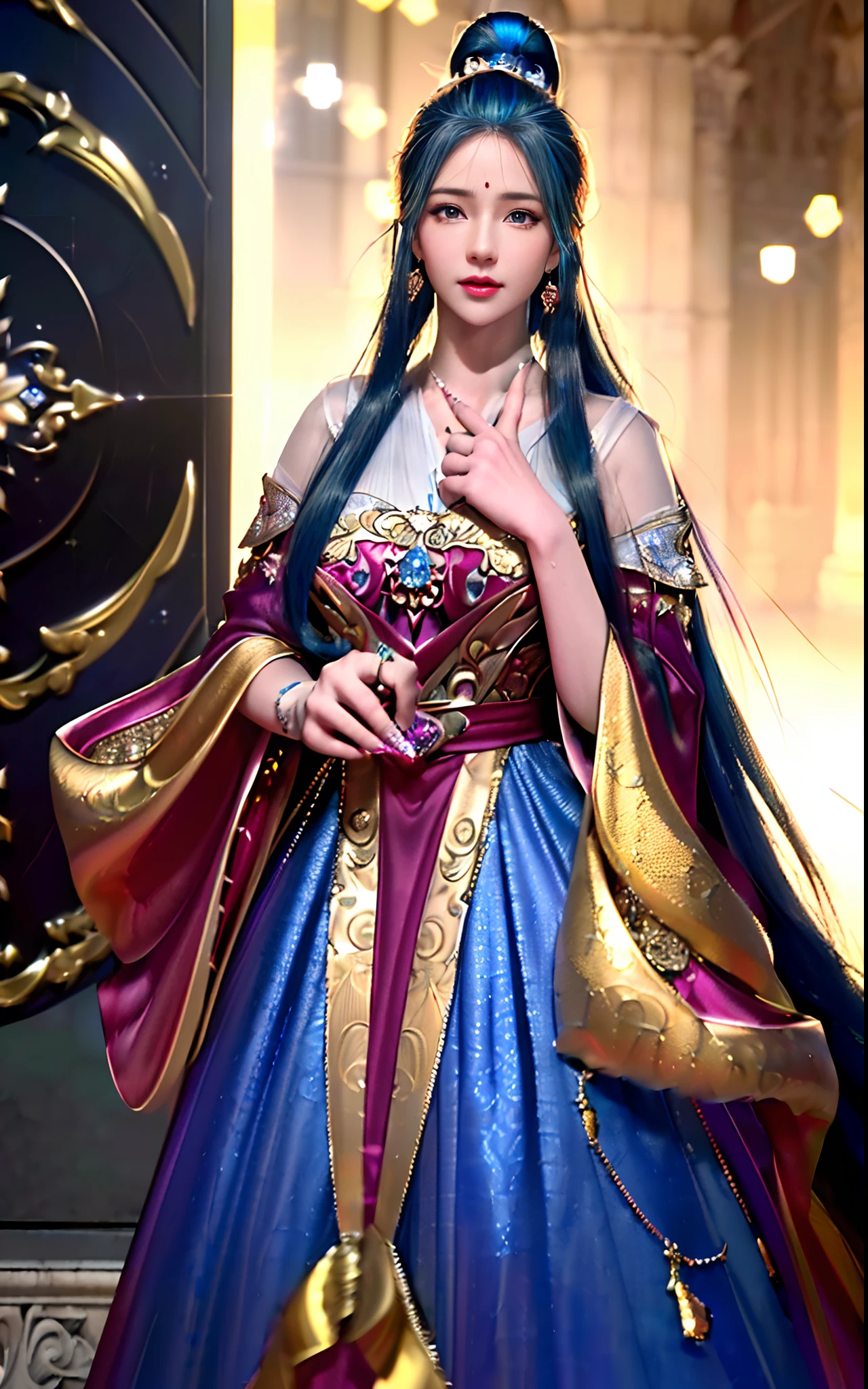 ((realisticity: 1.2)), ((realistic: 8K UHD)), ((best resolution: 8K UHD)), hyper detailed, best quality,masterpiece,highres,cg, ((1 girl hyper detailed and hyper realistic) ) , ((beautiful queen, hyper realistic and hyper detailed)),((white skin, beautiful, smooth, youthful, hyper realistic and hyper detailed )), ((Face hyper beautiful, white, hyper realistic and hyper detailed ) ), long hair, ((hyper realistic and hyper detailed dress)), solo, ((hyper realistic, hyper beautiful, beautiful and hyper detailed jewelry)), ((hyper beautiful deep red and golden yellow dress, hyper realistic and hyper detailed )) , ((Her pretty, hyper realistic, hyper detailed diamond filled earrings)), ((Her gorgeous diamond haircut, hyper realistic and hyper detailed)), ((hyper pretty upper body, hyper beautiful, hyper realistic and hyper detailed) ), ((medium breast: 1.1)), ((hyper realistic, hyper pretty, hyper detailed boobs)), ((the backgroun of the royal palace is hyper majestic, hyper realistic and hyper detailed)),((hands and palms hyper beautiful, hyper detailed, hyper realistic)), ((hyper detailed and hyper realistic fingers and fingernails)), ((hyper pretty fingernails, hyper vivid, hyper detailed, hyper realistic)), ((thumb, index finger, middle finger, ring finger, little finger hyper vivid, hyper pretty, hyper detailed, hyper realistic)), ((hyper beautiful fingers, hyper detailed, and hyper realistic)), ((posture not too fat and not too thin, hyper realistic, hyper detail)), ((hyper pretty, hyper pretty, hyper realistic and hyper detailed hair bun)), ((hyper pretty , hyper realistic and hyper detailed blue hair)), candid, Photo, high resolution, 8k , bokeh,