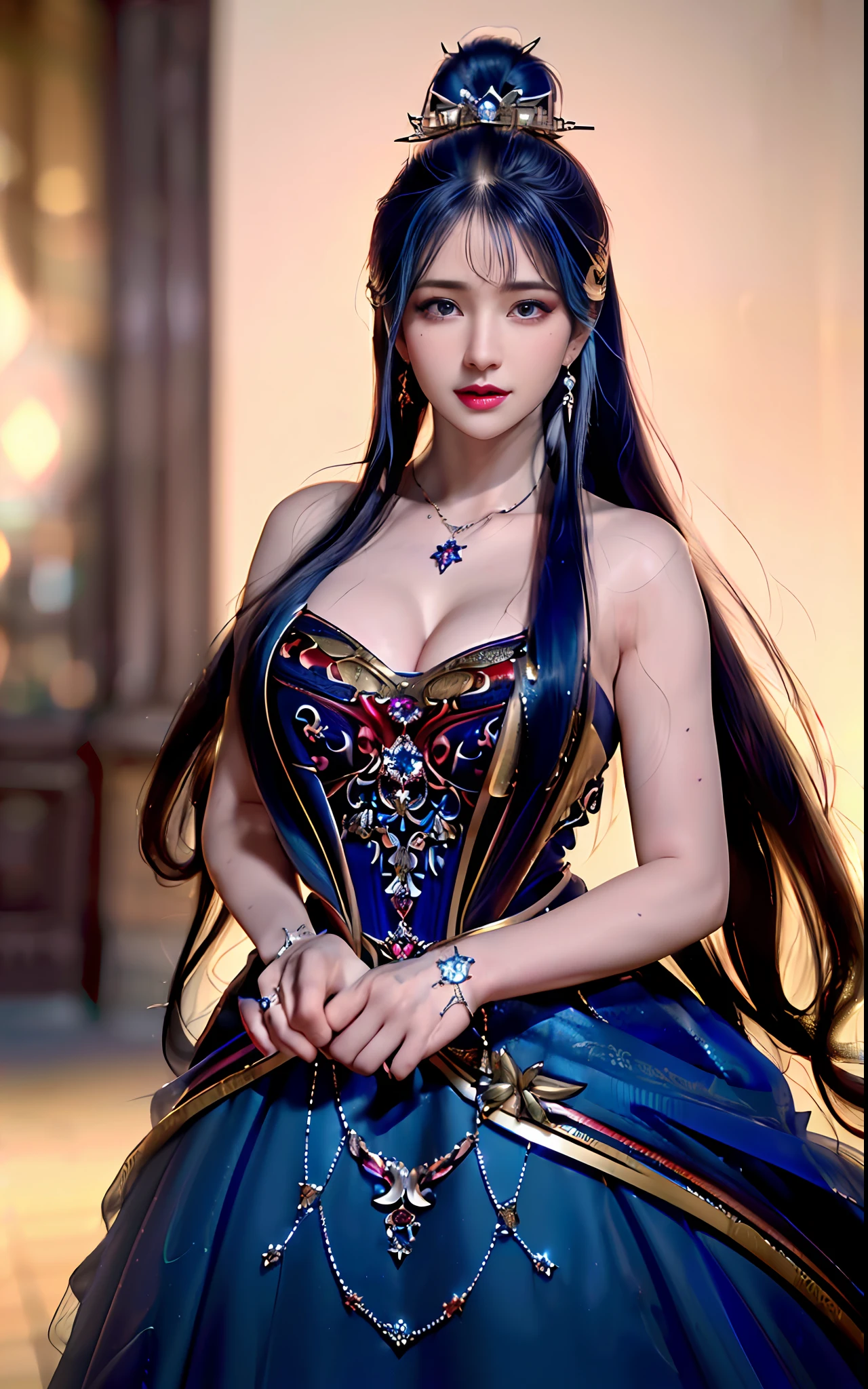 ((realisticity: 1.2)), ((realistic: 8K UHD)), ((best resolution: 8K UHD)), hyper detailed, best quality,masterpiece,highres,cg, ((1 girl hyper detailed and hyper realistic) ) , ((beautiful queen, hyper realistic and hyper detailed)),((white skin, beautiful, smooth, youthful, hyper realistic and hyper detailed )), ((Face hyper beautiful, white, hyper realistic and hyper detailed ) ), long hair, ((hyper realistic and hyper detailed dress)), solo, ((hyper realistic, hyper beautiful, beautiful and hyper detailed jewelry)), ((hyper beautiful deep red and golden yellow dress, hyper realistic and hyper detailed )) , ((Her pretty, hyper realistic, hyper detailed diamond filled earrings)), ((Her gorgeous diamond haircut, hyper realistic and hyper detailed)), ((hyper pretty upper body, hyper beautiful, hyper realistic and hyper detailed) ), ((medium breast: 1.1)), ((hyper realistic, hyper pretty, hyper detailed boobs)), ((the backgroun of the royal palace is hyper majestic, hyper realistic and hyper detailed)),((hands and palms hyper beautiful, hyper detailed, hyper realistic)), ((hyper detailed and hyper realistic fingers and fingernails)), ((hyper pretty fingernails, hyper vivid, hyper detailed, hyper realistic)), ((thumb, index finger, middle finger, ring finger, little finger hyper vivid, hyper pretty, hyper detailed, hyper realistic)), ((hyper beautiful fingers, hyper detailed, and hyper realistic)), ((posture not too fat and not too thin, hyper realistic, hyper detail)), ((hyper pretty, hyper pretty, hyper realistic and hyper detailed hair bun)), ((hyper pretty , hyper realistic and hyper detailed blue hair)), candid, Photo, high resolution, 8k , bokeh,