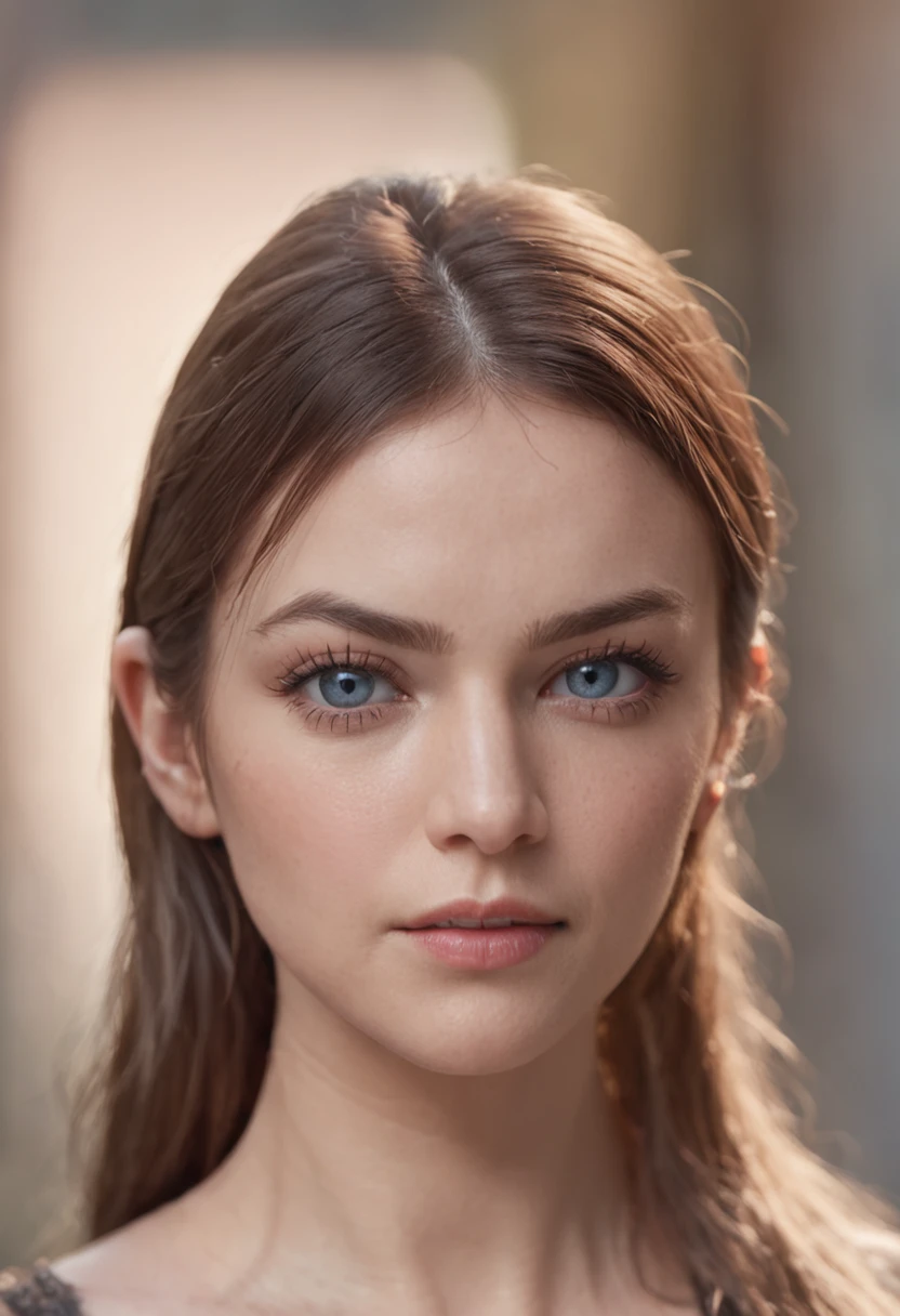 there is a woman, ponytail hair, realistic blue eyes, almond-shaped eyes, one little mole above upper lip, beautiful face, looking directly to the camera, headshot, cinematic lighting, depth of field, bokeh, realism, hyperrealism, professional photography, uhd, dslr, hdr
