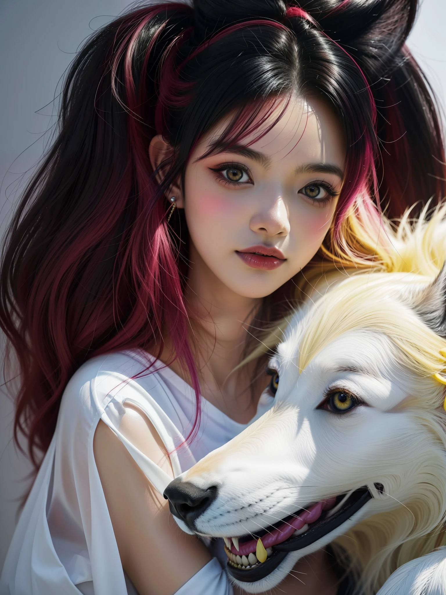 Anime girl with yellow hair and black ears hugging (lobo preto) com olhos azuis, Arte em estilo Guviz, Guviz, A obra-prima de Guweiz, Guweiz em Pixiv ArtStation, Guweiz em ArtStation Pixiv, por Yang J, Loish e Wlop,arte digital detalhada bonito, lovely digital painting, 4k, ((alta resolução))