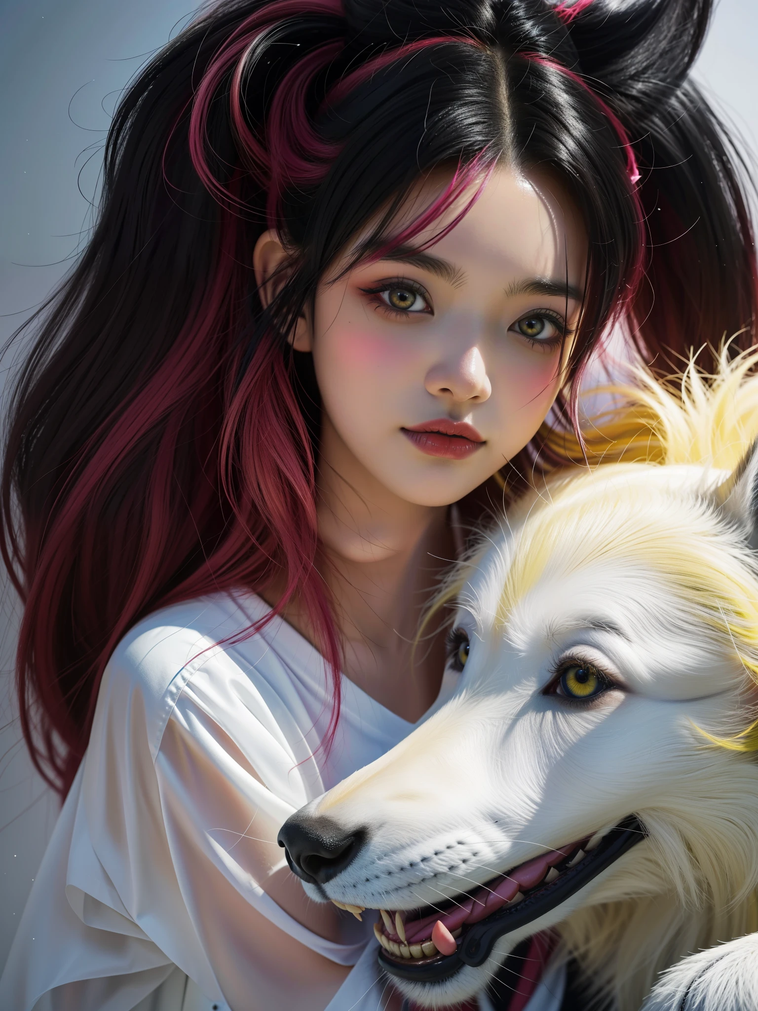 Anime girl with yellow hair and black ears hugging (lobo preto) com olhos azuis, Arte em estilo Guviz, Guviz, A obra-prima de Guweiz, Guweiz em Pixiv ArtStation, Guweiz em ArtStation Pixiv, por Yang J, Loish e Wlop,arte digital detalhada bonito, lovely digital painting, 4k, ((alta resolução))