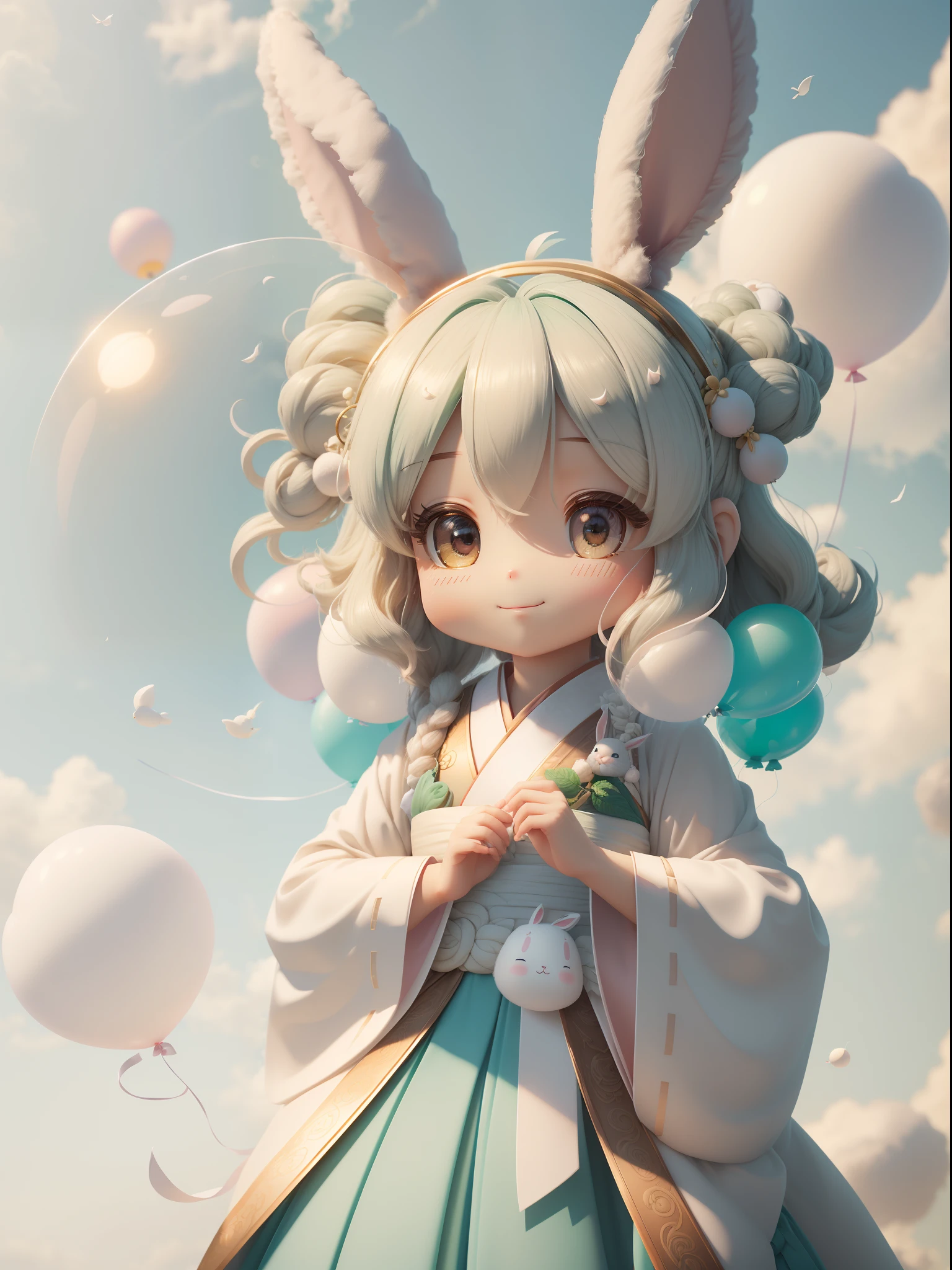 Rabbit, big ears, happy smile, (wearing Hanfu) fluffy, fluffy hair, soft ((best quality)), ((masterpiece)), (hair accessory)( extreme detail, highest detail, official art, beauty and aesthetics:1.2), depth of field, composition ( (whole body) ), (chibi), (beautiful and detailed eyes: 1.3), (very happy:1) (light mint green and gradient white), popmart blind box, clay texture, (transparent balloon, cloud decorative background), natural light, best quality, Super Detail, 3D Art, C4D, Blender, OC Renderer, 3D Rendering, 8K
