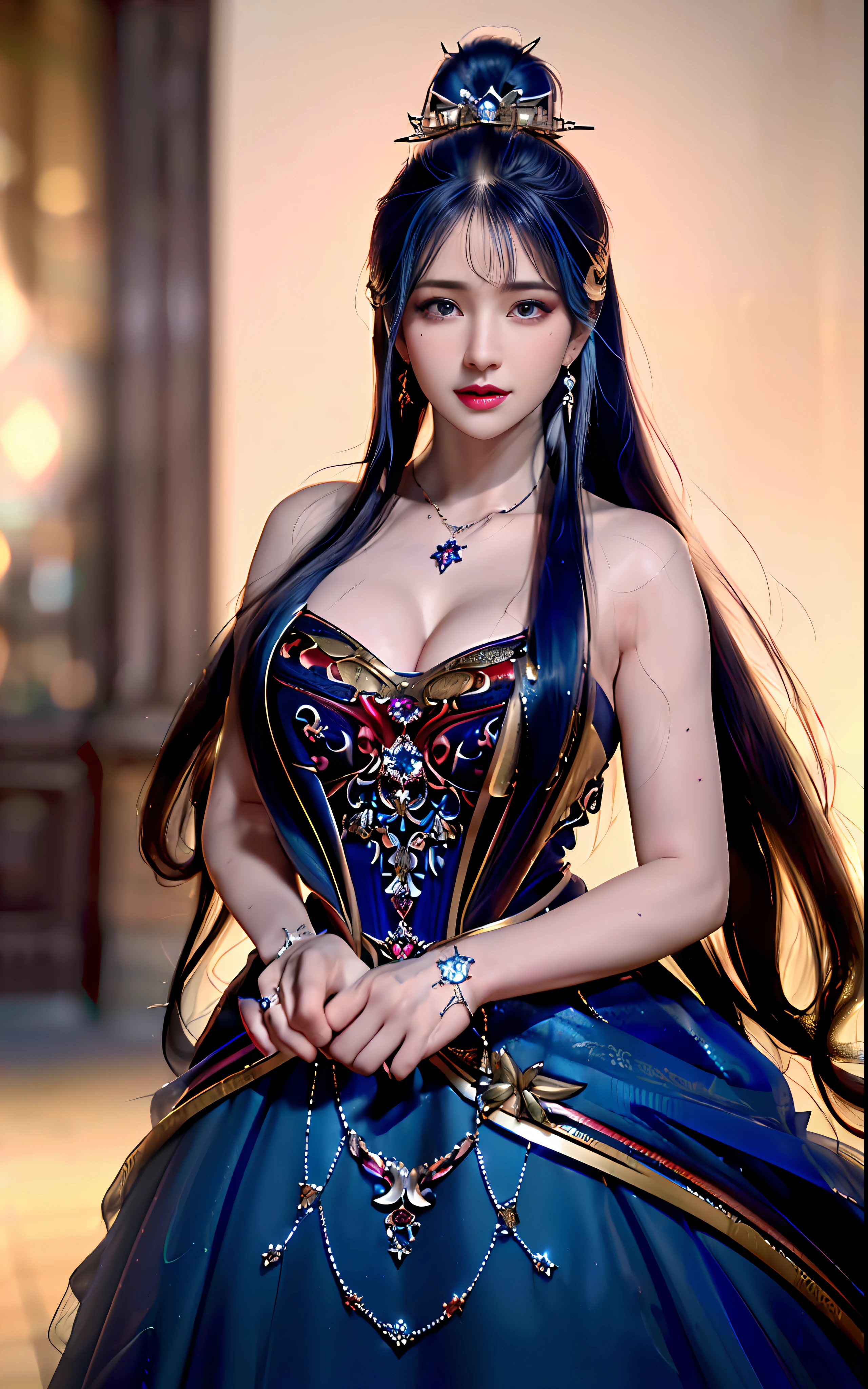 ((realisticity: 1.2)), ((realistic: 8K UHD)), ((best resolution: 8K UHD)), hyper detailed, best quality,masterpiece,highres,cg, ((1 girl hyper detailed and hyper realistic) ) , ((beautiful queen, hyper realistic and hyper detailed)),((white skin, beautiful, smooth, youthful, hyper realistic and hyper detailed )), ((Face hyper beautiful, white, hyper realistic and hyper detailed ) ), long hair, ((hyper realistic and hyper detailed dress)), solo, ((hyper realistic, hyper beautiful, beautiful and hyper detailed jewelry)), ((hyper beautiful deep red and golden yellow dress, hyper realistic and hyper detailed )) , ((Her pretty, hyper realistic, hyper detailed diamond filled earrings)), ((Her gorgeous diamond haircut, hyper realistic and hyper detailed)), ((hyper pretty upper body, hyper beautiful, hyper realistic and hyper detailed) ), ((medium breast: 1.1)), ((hyper realistic, hyper pretty, hyper detailed boobs)), ((the backgroun of the royal palace is hyper majestic, hyper realistic and hyper detailed)),((hands and palms hyper beautiful, hyper detailed, hyper realistic)), ((hyper detailed and hyper realistic fingers and fingernails)), ((hyper pretty fingernails, hyper vivid, hyper detailed, hyper realistic)), ((thumb, index finger, middle finger, ring finger, little finger hyper vivid, hyper pretty, hyper detailed, hyper realistic)), ((hyper beautiful fingers, hyper detailed, and hyper realistic)), ((posture not too fat and not too thin, hyper realistic, hyper detail)), ((hyper pretty, hyper pretty, hyper realistic and hyper detailed hair bun)), ((hyper pretty , hyper realistic and hyper detailed blue hair)), candid, Photo, high resolution, 8k , bokeh,