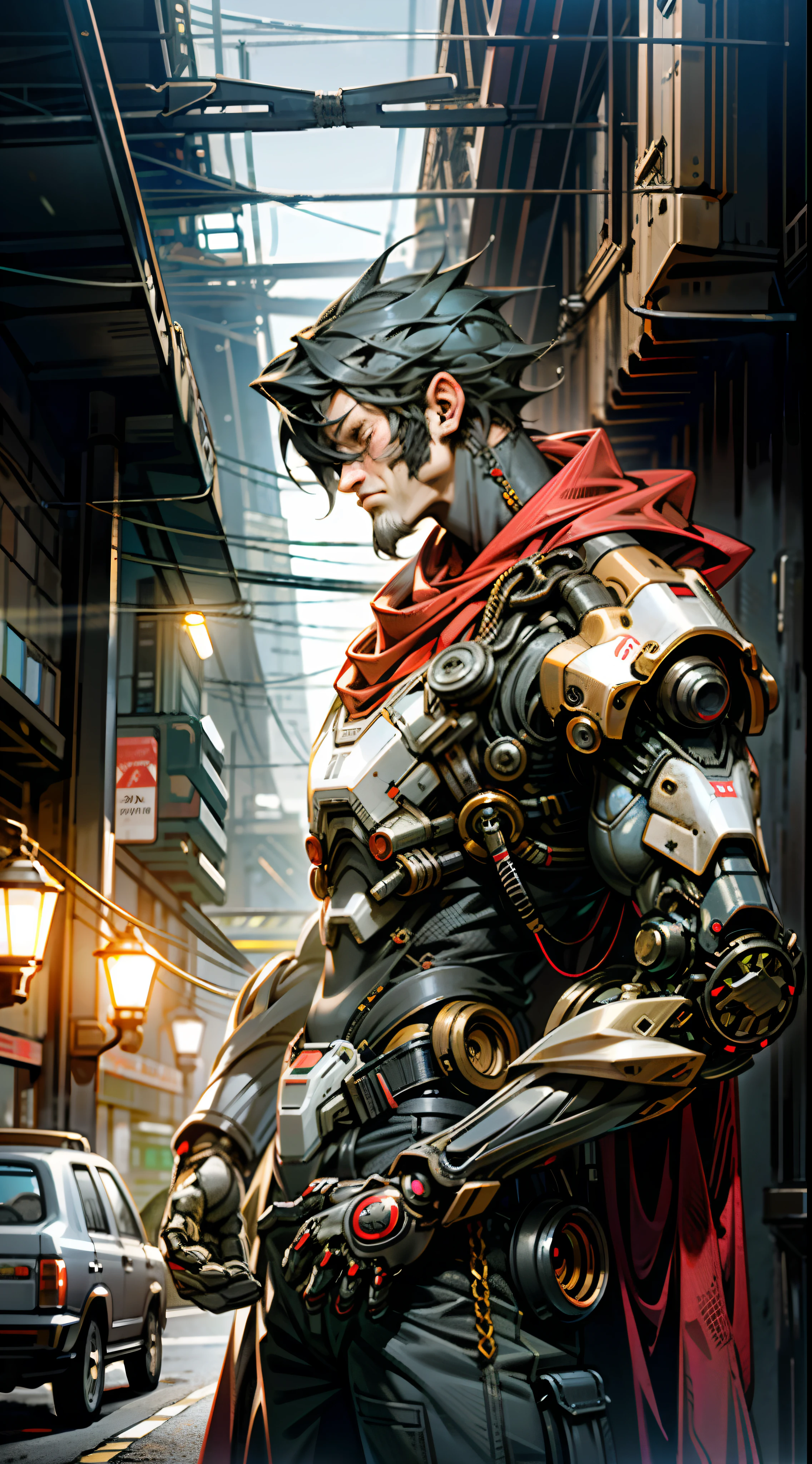8K wallpapers, ultra-detailed works, cinematic lighting, realistic photos, Dark_Fantasy, Cyberpunk, (chain saw, chain saw man, Red: 1.1), 1man, Mechanical marvel, Robotic presence, Cybernetic guardian, wearing a worn-out mech suit , intricate, (steel metal [rust]), elegant, sharp focus, photographed by greg rutkowski, soft lighting, vibrant colors, masterpiece, ((street)), cowboy shot, dynamic pose,