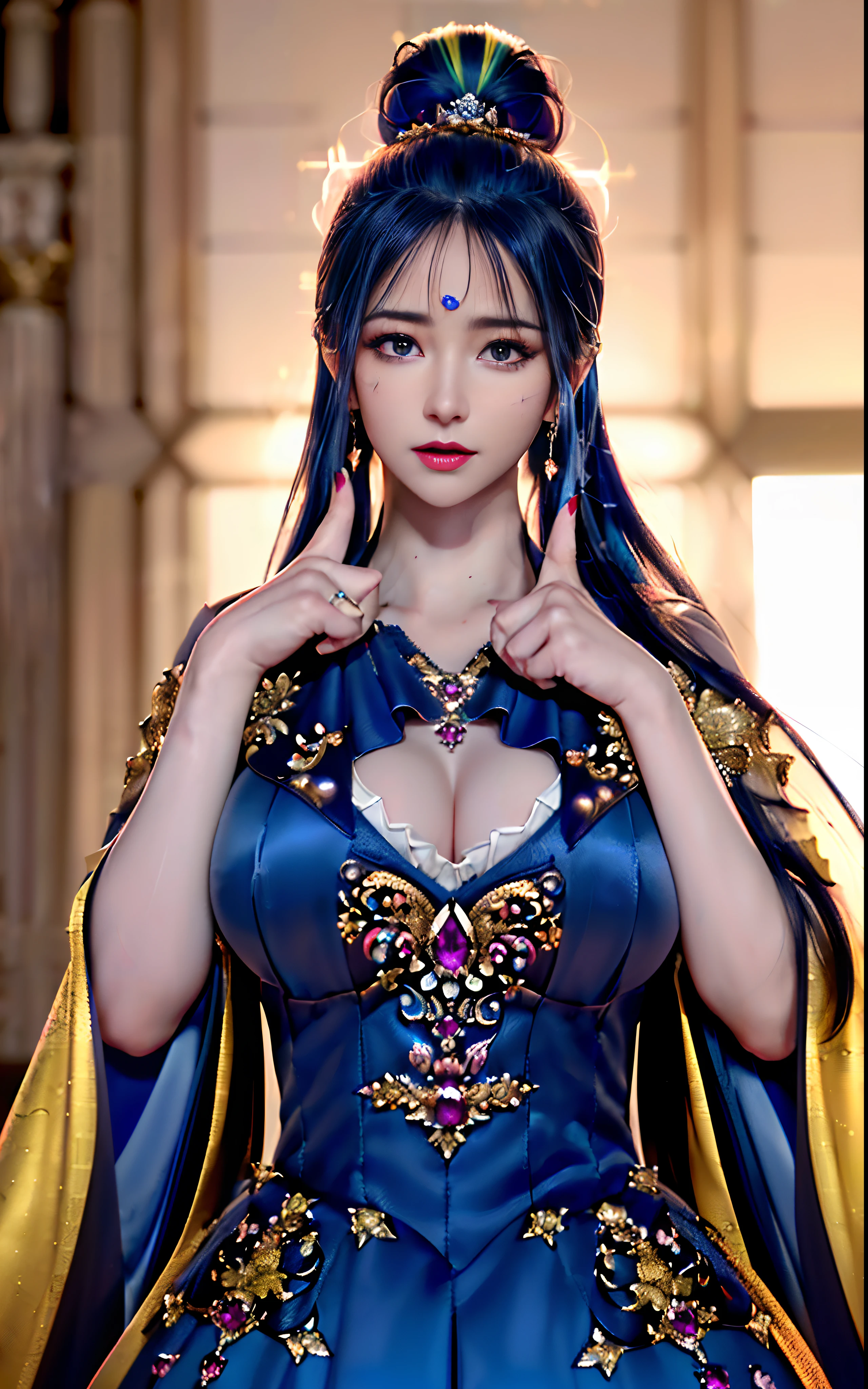 ((realisticity: 1.2)), ((realistic: 8K UHD)), ((best resolution: 8K UHD)), hyper detailed, best quality,masterpiece,highres,cg, ((1 girl hyper detailed and hyper realistic) ) , ((beautiful queen, hyper realistic and hyper detailed)),((white skin, beautiful, smooth, youthful, hyper realistic and hyper detailed )), ((Face hyper beautiful, white, hyper realistic and hyper detailed ) ), long hair, ((hyper realistic and hyper detailed dress)), solo, ((hyper realistic, hyper beautiful, beautiful and hyper detailed jewelry)), ((hyper beautiful deep red and golden yellow dress, hyper realistic and hyper detailed )) , ((Her pretty, hyper realistic, hyper detailed diamond filled earrings)), ((Her gorgeous diamond haircut, hyper realistic and hyper detailed)), ((hyper pretty upper body, hyper beautiful, hyper realistic and hyper detailed) ), ((medium breast: 1.1)), ((hyper realistic, hyper pretty, hyper detailed boobs)), ((the backgroun of the royal palace is hyper majestic, hyper realistic and hyper detailed)),((hands and palms hyper beautiful, hyper detailed, hyper realistic)), ((hyper detailed and hyper realistic fingers and fingernails)), ((hyper pretty fingernails, hyper vivid, hyper detailed, hyper realistic)), ((thumb, index finger, middle finger, ring finger, little finger hyper vivid, hyper pretty, hyper detailed, hyper realistic)), ((hyper beautiful fingers, hyper detailed, and hyper realistic)), ((posture not too fat and not too thin, hyper realistic, hyper detail)), ((hyper pretty, hyper pretty, hyper realistic and hyper detailed hair bun)), ((hyper pretty , hyper realistic and hyper detailed blue hair)), candid, Photo, high resolution, 8k , bokeh,
