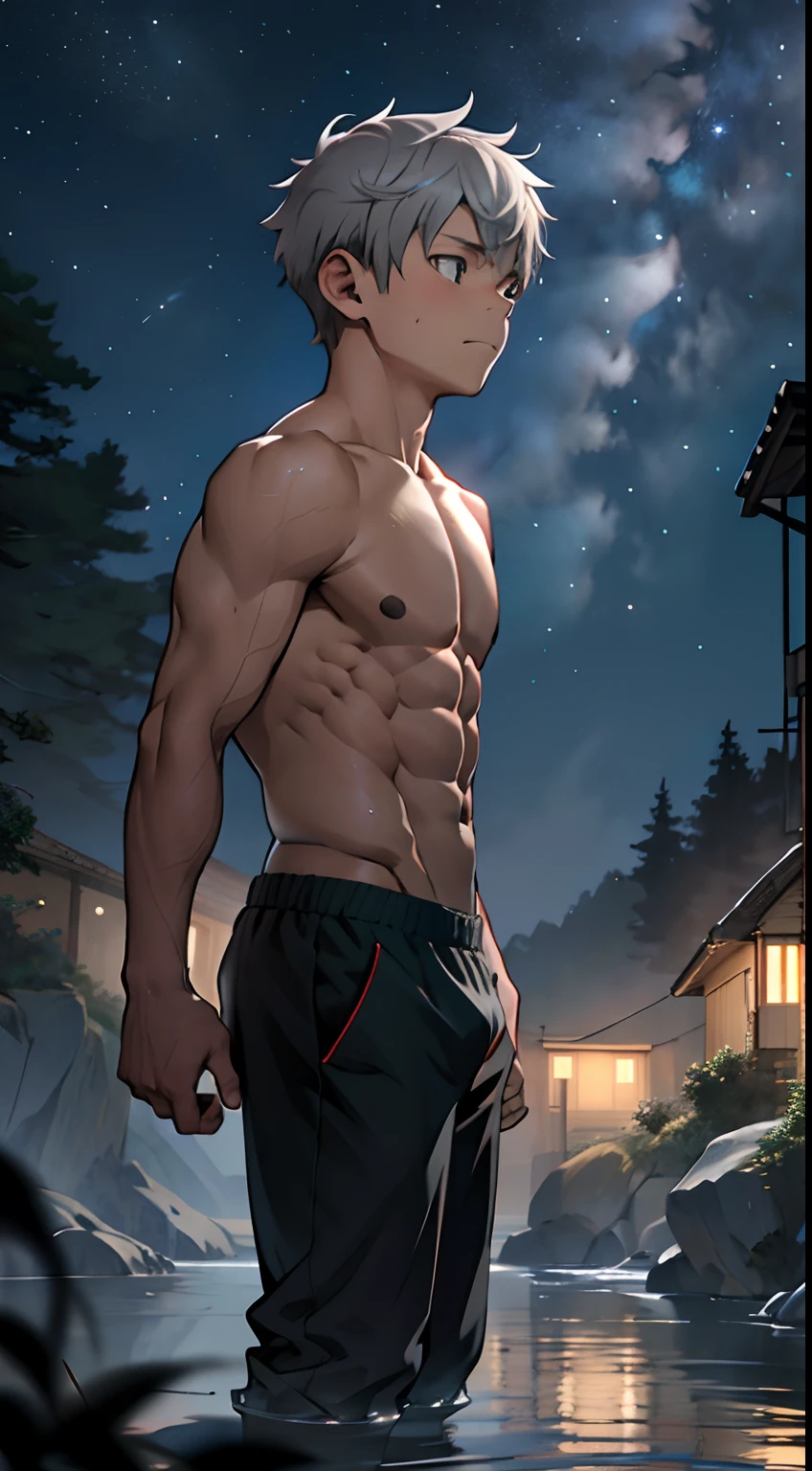 (masutepiece, Best Quality),1boy,(e boy,child),teenager face,Side view,Body tilt,Natural rivers,Flabby hands,delicate big eyes,Open your eyes ,Big ,,smooth and delicate skin,Short square face,Surprised expression,infancy,slimey,infancy,young age,short round face,Flat chin,finely detaild face,Briefs,well-muscled,short light gray hair,The eye,with an intricate,full body Esbian,nakeness,Black Teal Brief,Abs pectoral muscles,the night,vivd colour,(depth of fields:1.2),(Abs),