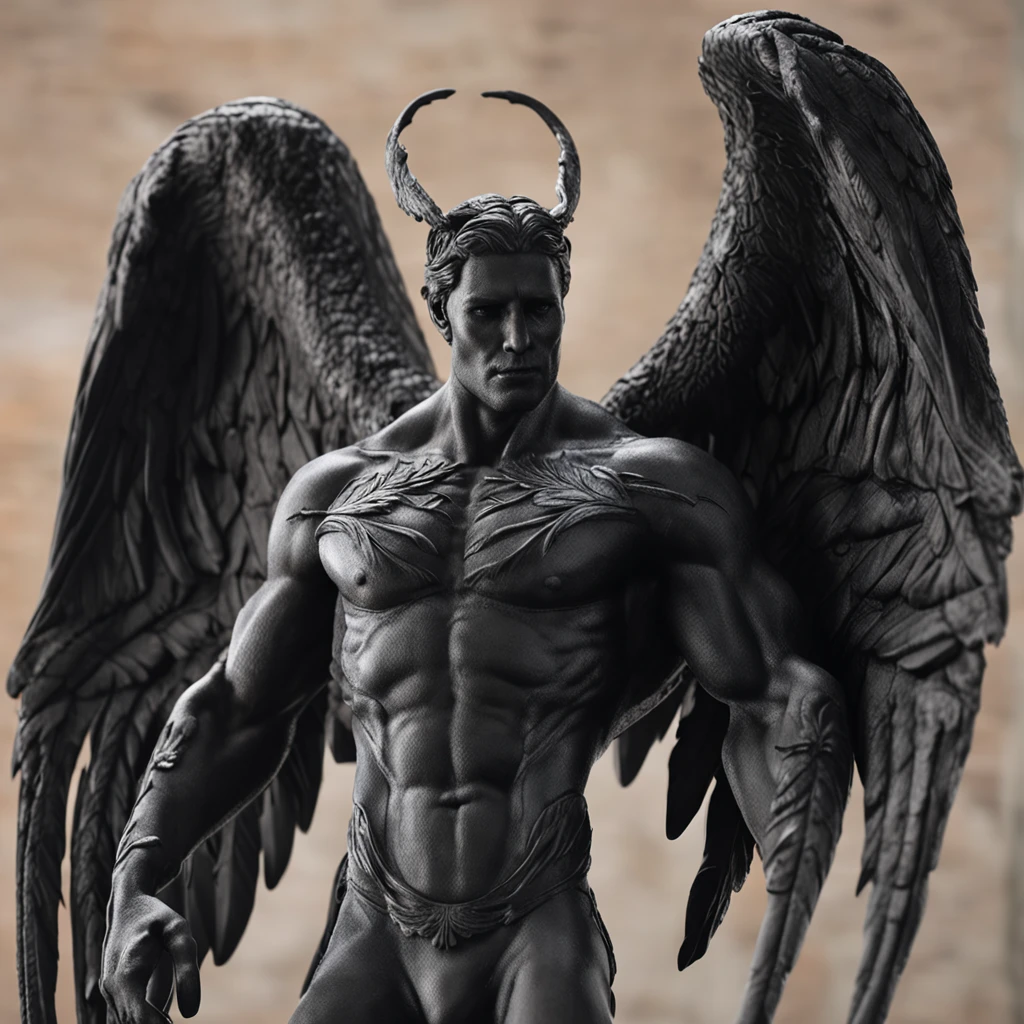 a close up of a black statue with large wings, faceless humanoid male, angel devoid of a face, lack of facial features, angel of death, unreal engine render + a god, villain has black wings, no face, plain face, muscular build, garden background, intricate garden background,