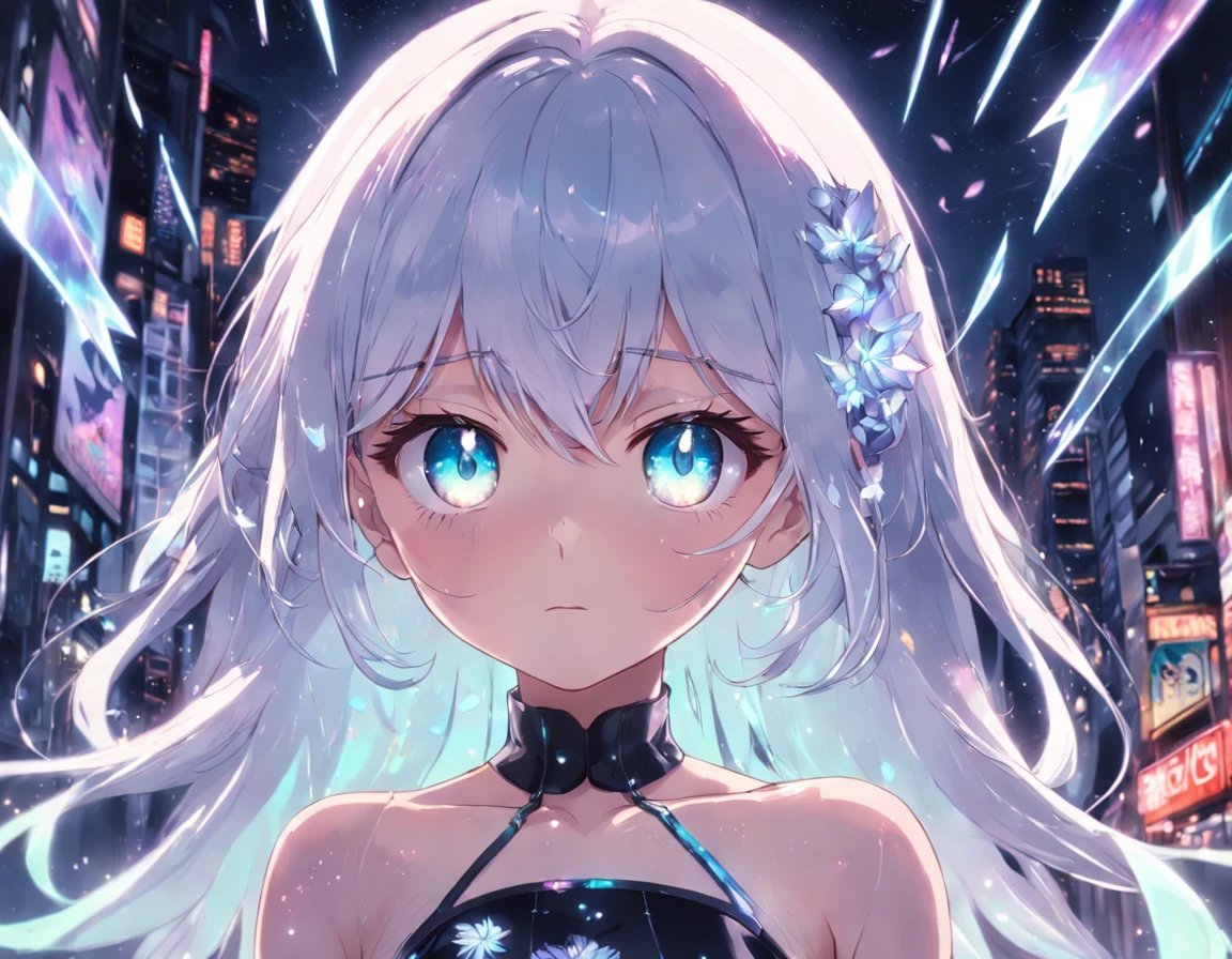 Realistic, Anime style, 1girll, holographic hair, Heterochromic eyes, Glowing eyes, Holographic crop top, Hologram skirt, parted lip, Blush, Night, White roses, pastels, glitters
