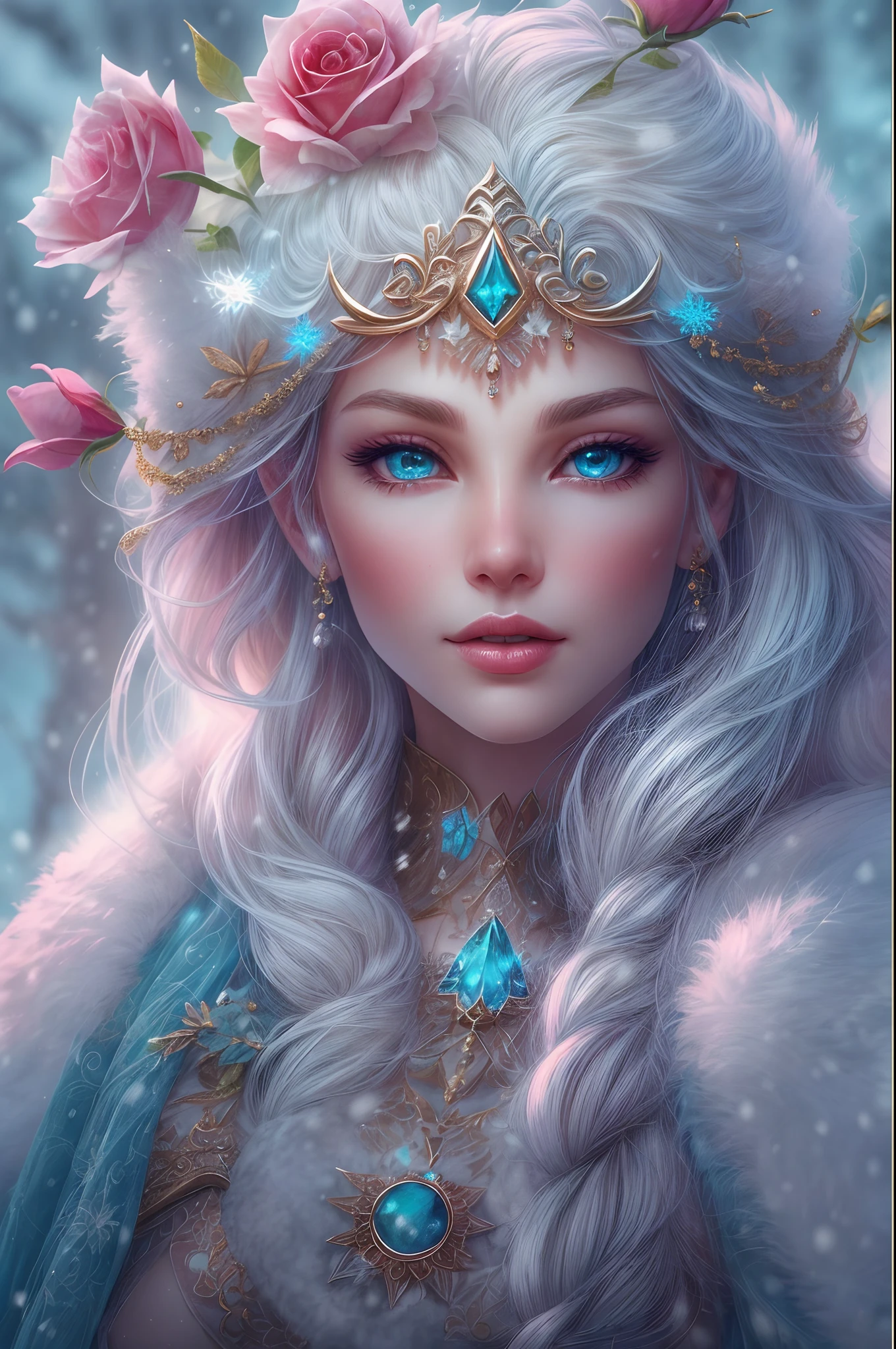 This is a realistic fantasy artwork taking place in a subzero cold winter landscape. Generate a stately, elegant, and graceful Pocahontas elf in a magical world of stunning gilded roses with multicolors and shimmering ice glittering in the light. Her face is elegant and middle-aged and includes realistic shading, incredibly detailed and distinct features, soft puffy and kissable mouth, and (realistic eyes). (Her eyes are important) and should be (beautiful detailed eyes with macro details), realistic details, and a shifting array of beautiful blue colors. Her clothes should be delicately spun from weightless, airy, and expensive gossamer silk with delicate and very subtle floral embroidery, (((many warm layers))), and a variety of complementary colors as well as lots of luxurious fur. Her breasts are subtle and her clothing is very warm and heavy. This image is incredibly creative and emphasizes the beautiful detail of the gilded roses and the pure snow on the ornate ice. Include beautiful detailed snowflakes, icy air, and magical doves. Include pebbles, stones, bumps, glitter, and iridescence. Camera: Utilize dynamic composition techniques to draw the viewer into the scene. Lighting: Enhance the glitter of the snow and ice and emphasize the fantasy winter aspect of the image. Take inspiration from top masters of the genre and trending Midjourney and ArtStation art.