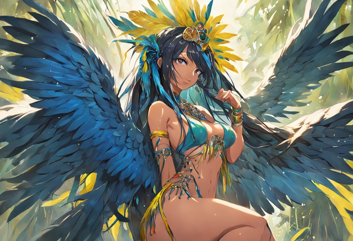 ((best quality)), ((masterpiece)), ((realistic)), Wild Xavante India girl, full body, the hair is composed of countless macaw blue parrot feather, honey eyes, extreme tanned skin, extreme long black straight hair messes over naked boobs, huge macaw blue parrot feather headdress, big cheeks, long legs, curvy, indigenous yellow and green breast painting, breast painted blue and yellow, indigenous yellow and green facial painting, huge macaw blue parrot feather necklace, female face, metal carved top, royal aura, trend on artstation , sharp focus, studio photo, intricate detail, very detailed, detailed eye, illustration, very detailed, sharp focus, digital render, professional, 4k
