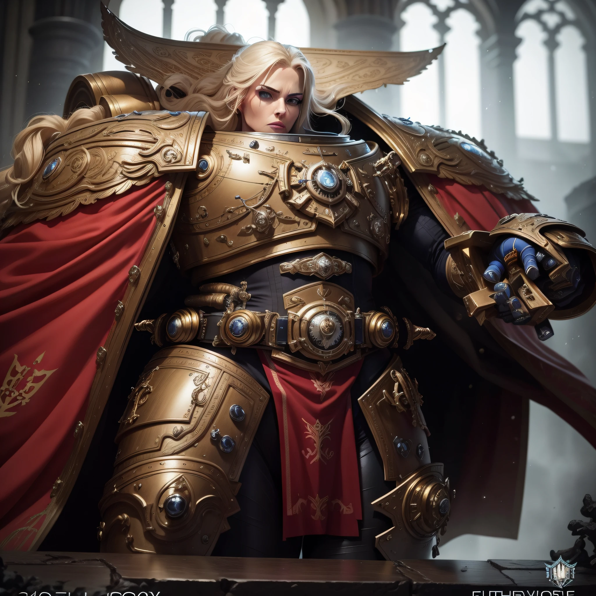 40 year old women, fabulous, gorgeous, best quality, 8k, European, long blonde hair, blue eyes, Long legs, leggings, aggressive facial expression, space marine, Fujifilm, 12k, gothic, dark, ultra sharp