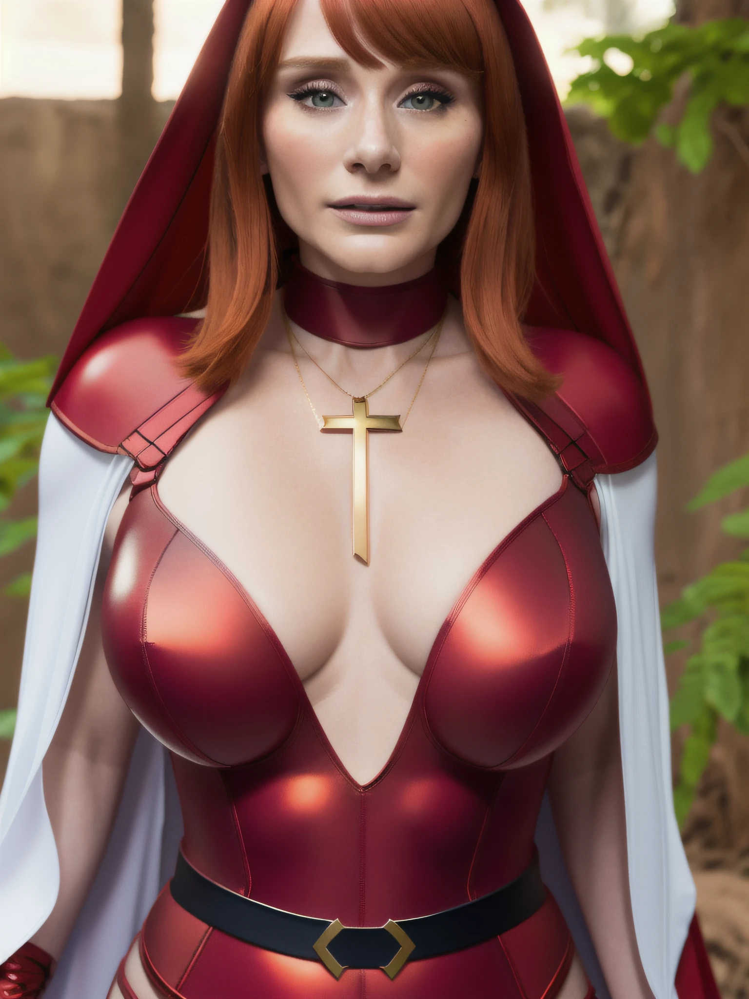 Bryce Dallas Howard, red hair, wearing (warrior nun, superhero tight suit)1.2, (cleavage with gold Christian-cross necklace between natural boobs)1.4, (beautiful detailed face), (stylish bob haircut)1.2, natural breasts, (stacked boobs), (braless) (pokies)1.2, full body with visible face, (full sharp, sharp focus)