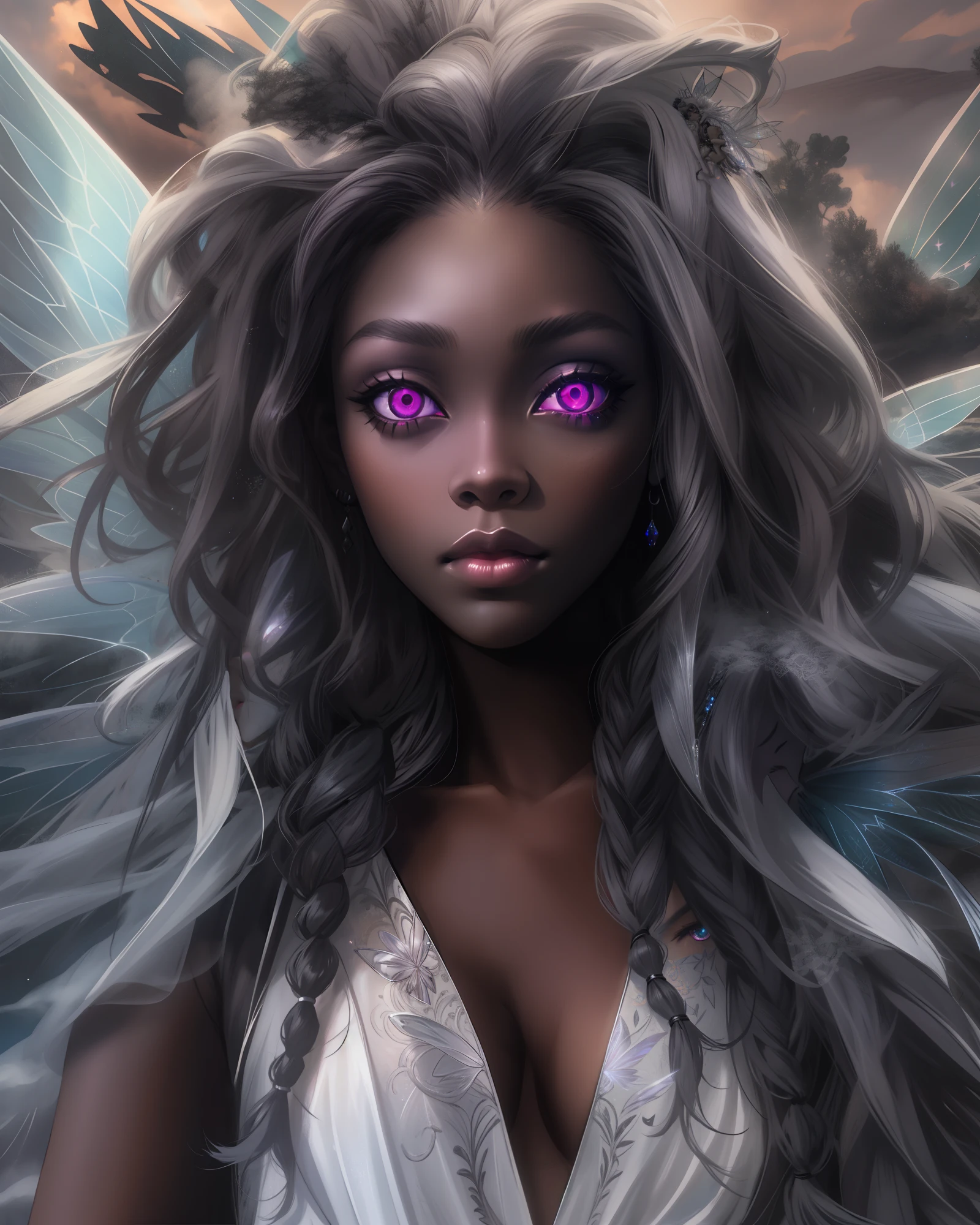 sad hyper realistic, beautiful sad african american dark cloud fairy sark princess fairy, large fairy wings, long silver shiny dreadlocks,white glowing eyes eyes, surrounded my dark thick smoke with silver linings, GIANT FAIRY WINGS, holding a white storm cloud, masterpiece, cinematic,