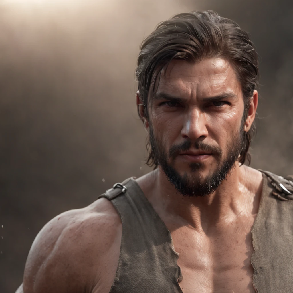 (Professional 3D rendering:1.3) de (Realistic:1.3) Foto de arte mais bonita do mundo,Features soft, bright male heroes, ((Epic hero fantasy rough muscular man wet hero angry look long hair short beard and fierce expression in dynamic pose, fantastic location, majestoso ambiente desordenado)), corpo inteiro 8k unidade render, action shot, poros da pele, very dark lighting, sombreamento pesado, circunstanciado, Rosto detalhado, (vibrante, fotogrdeia realista, Realistic, Dramatic, Escuro, foco nítido, 8k), (Old leather clothes damaged by bad weather:1.4), ((((Use peles)))), (intrincado:1.4), decadente, (altamente detalhado:1.4), pintura digital, rendering by octane, art stations, Conceito-Arte, liso, foco nítido, illustration, germe da arte, (Loish:0.23), Wlop Ilya Kuvshinov, e Greg Rutkowski e Alphonse Mucha Gracias, (global ilumination, studiolight, Light Volumetric), chuva forte, floating particles, patife, fantasia, Onze, corpo inteiroesbian, ((Fundo escuro e antigo da cidade:1.3)),CGSesociedade,art stations