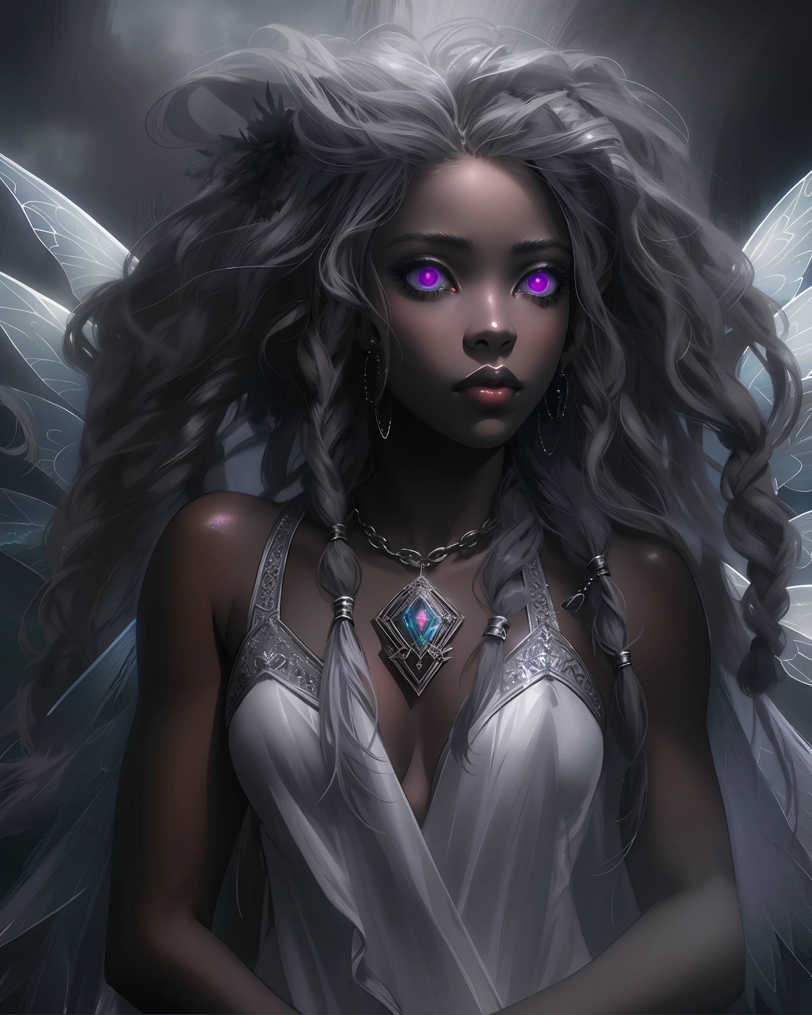 sad hyper realistic, beautiful sad african american dark cloud fairy sark princess fairy, large fairy wings, long silver shiny dreadlocks,white glowing eyes eyes, surrounded my dark thick smoke with silver linings, GIANT FAIRY WINGS, holding a white storm cloud, masterpiece, cinematic,