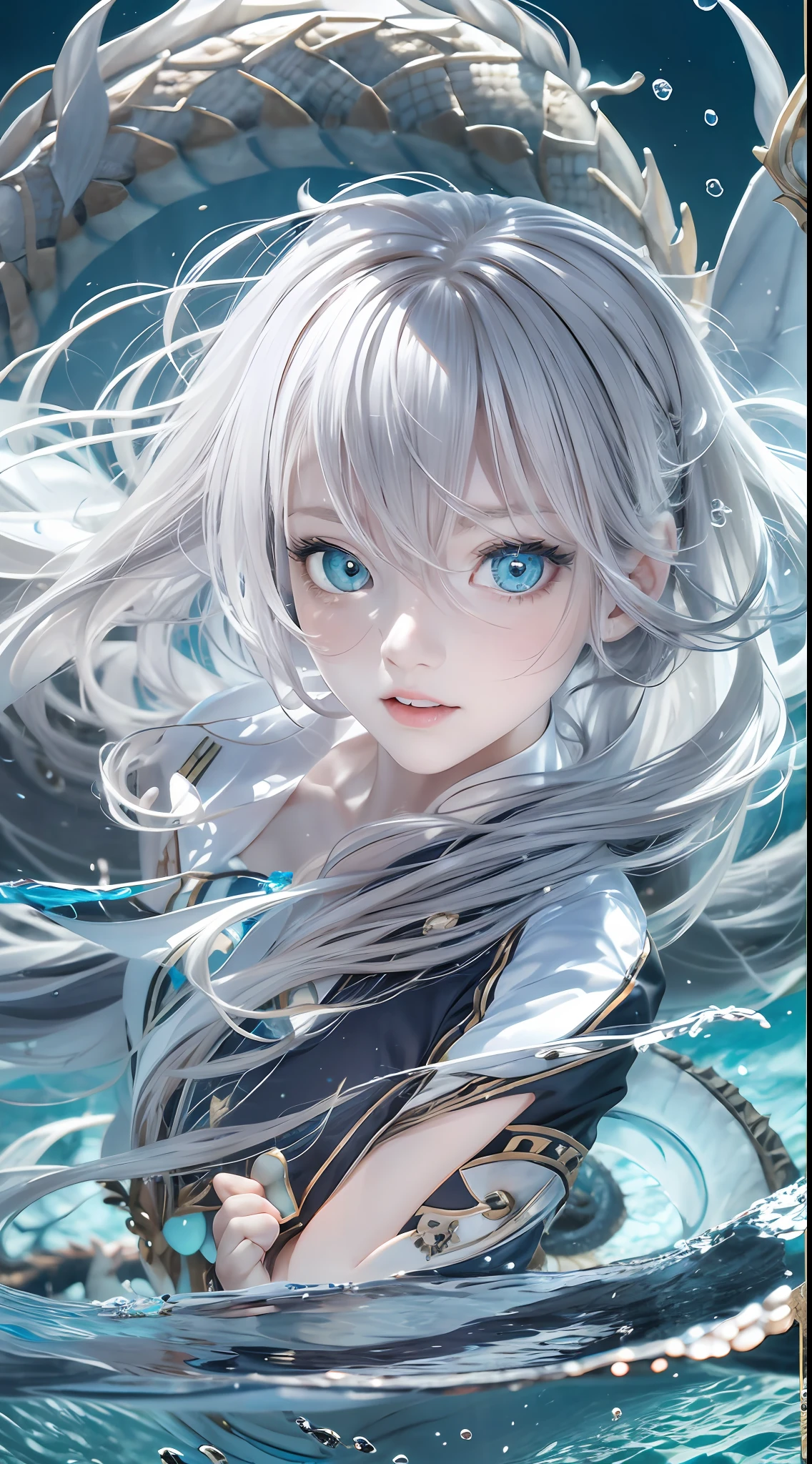 Double whirlwind pattern design garment,Heterochromic pupils,Silver-haired girl,Partial underwater photography,Look up,Protagonist perspective,Water Dragon Magic,light particules,Mixed exposure,wallpaper hd