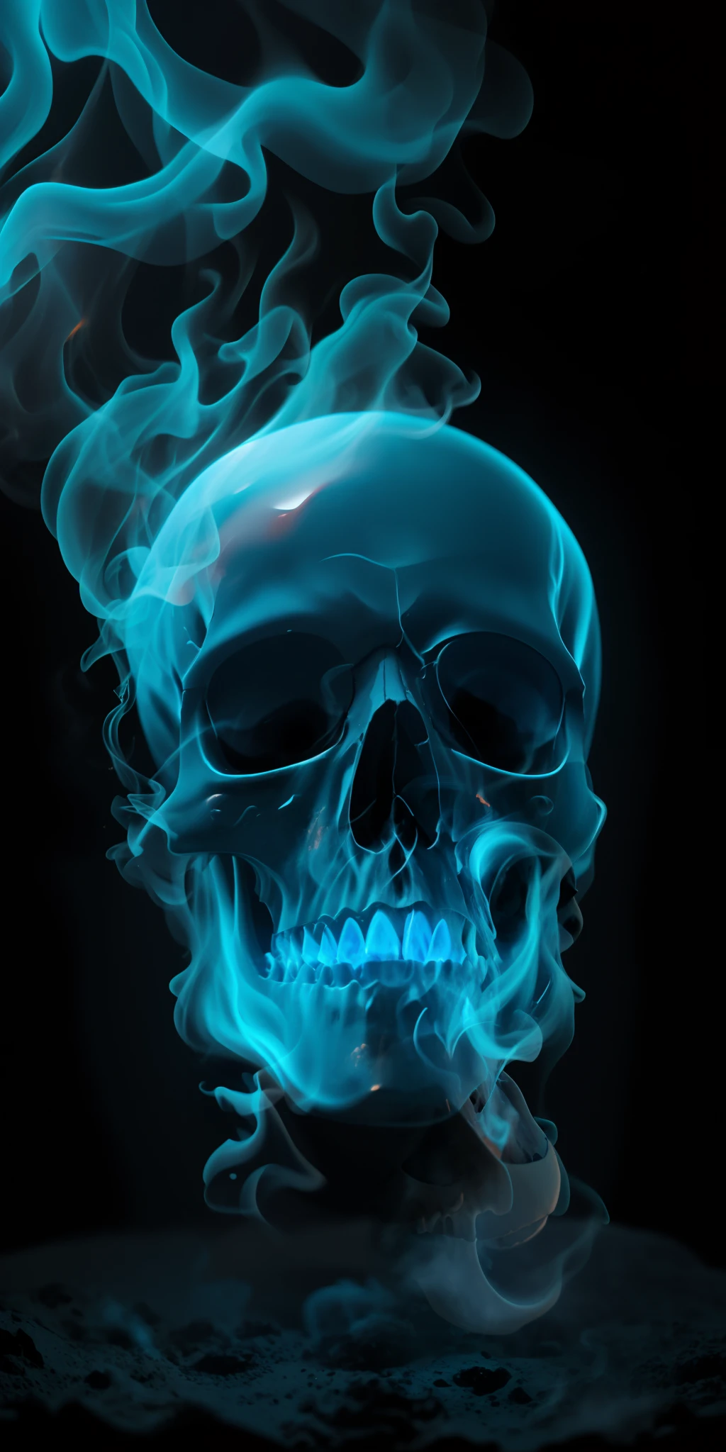 a closeup of a skull with smoke billowing from it, flaming skull, fiery skull contemplating life, respirando fogo azul, fantasy skull, hyperrealistic smoke, skull head, blue smoke, skull liminal void background, death is split in two with smoke, morphing skulls, nebula with the shape of a skull, glass skull, bright blue smoke, smoke simulation