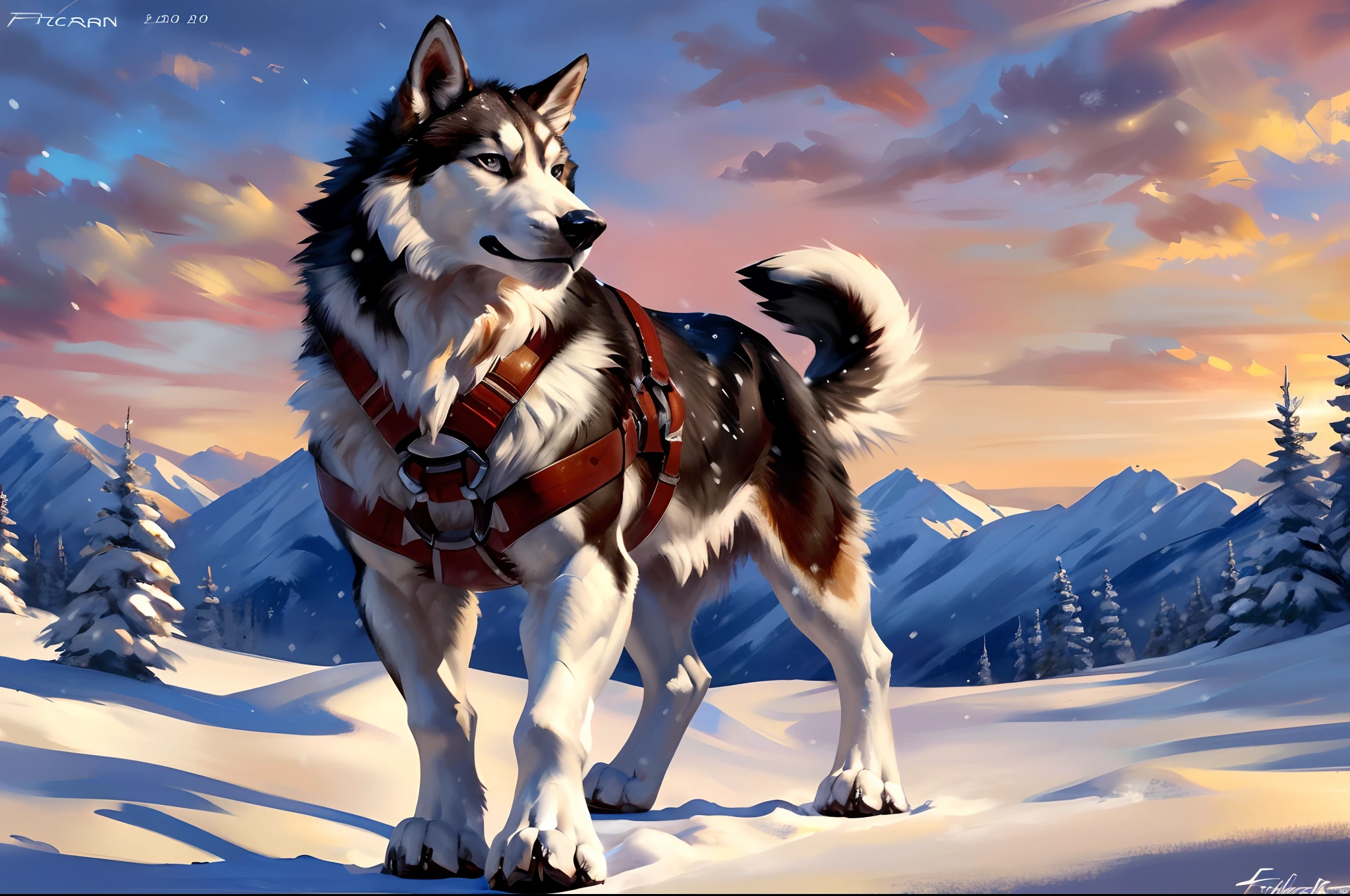 male furry dog gray husky (red dog penis), full body, on all fours on a deserted snowy landscape