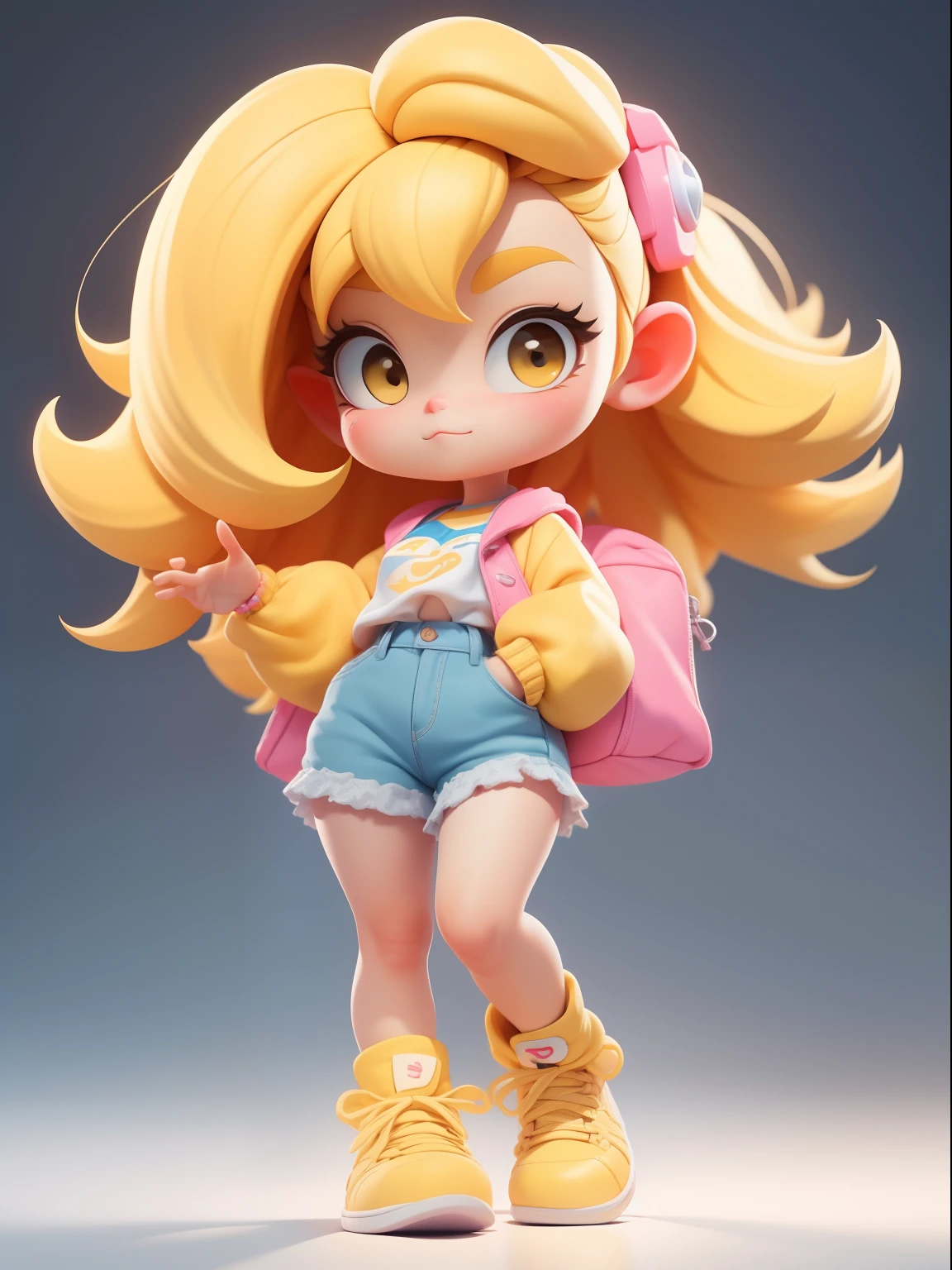 a super cute girl, full body, dreamy cute hair, yellow air, yellow blonde air, accessoriesPopmart Blind Box, IP design, clean and bright background3D rendering, OC rendering, 8k, soft focus, fine Glossysuper detail --ar 3:6 50 --q 2 --niji 5 --style expressive --s 2