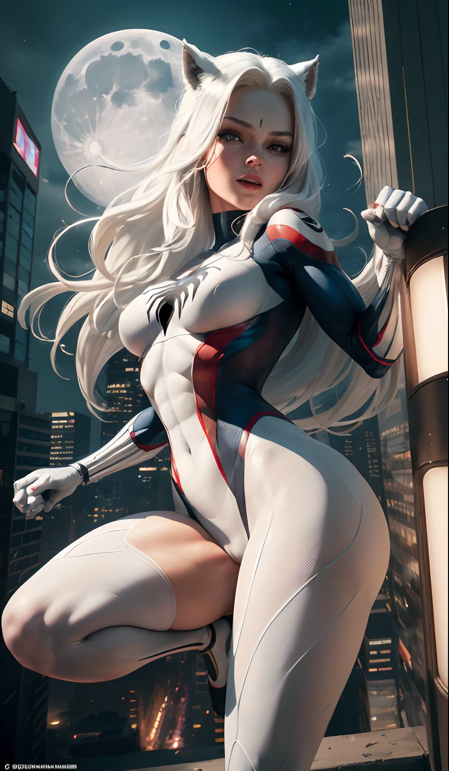 (Masterpiece, 4k resolution, ultra-realistic, very detailed), (White superhero theme, charismatic, there's a girl on top of town, wearing Spider-Man costume, she's a superhero), [ ((25 years), (long white hair:1.2), full body, (blue eyes:1.2), ((Spider-Man pose),show of strength, jumping from one building to another), ((sandy urban environment):0.8)| (cityscape, at night, dynamic lights), (full moon))] # Explanation: The Prompt mainly describes a 4K painting of ultra-high definition, very realistic, very detailed. It shows a superheroine at the top of the city, wearing a Spider-Man costume. The theme in the painting is a white superhero theme, the female protagonist has long white hair, is 25 years old and her entire body is shown in the painting. In terms of portraying the actions of superheroines, spiders are employed