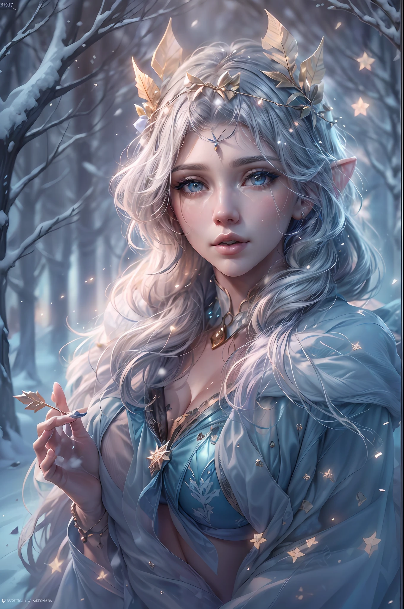 This is a realistic fantasy artwork taking place in a subzero cold winter landscape. Generate a stately, elegant, and graceful Pocahontas elf in a magical world of stunning gilded roses with multicolors and shimmering ice glittering in the light. Her face is elegant and middle-aged and includes realistic shading, incredibly detailed and distinct features, soft puffy and kissable mouth, and (realistic eyes). (Her eyes are important) and should be (beautiful detailed eyes with macro details), realistic details, and a shifting array of beautiful blue colors. Her clothes should be delicately spun from weightless, airy, and expensive gossamer silk with delicate and very subtle floral embroidery, (((many warm layers))), and a variety of complementary colors as well as lots of luxurious fur. Her breasts are subtle and her clothing is very warm and heavy. This image is incredibly creative and emphasizes the beautiful detail of the gilded roses and the pure snow on the ornate ice. Include beautiful detailed snowflakes, icy air, and magical doves. Include pebbles, stones, bumps, glitter, and iridescence. Camera: Utilize dynamic composition techniques to draw the viewer into the scene. Lighting: Enhance the glitter of the snow and ice and emphasize the fantasy winter aspect of the image. Take inspiration from top masters of the genre and trending Midjourney and ArtStation art.