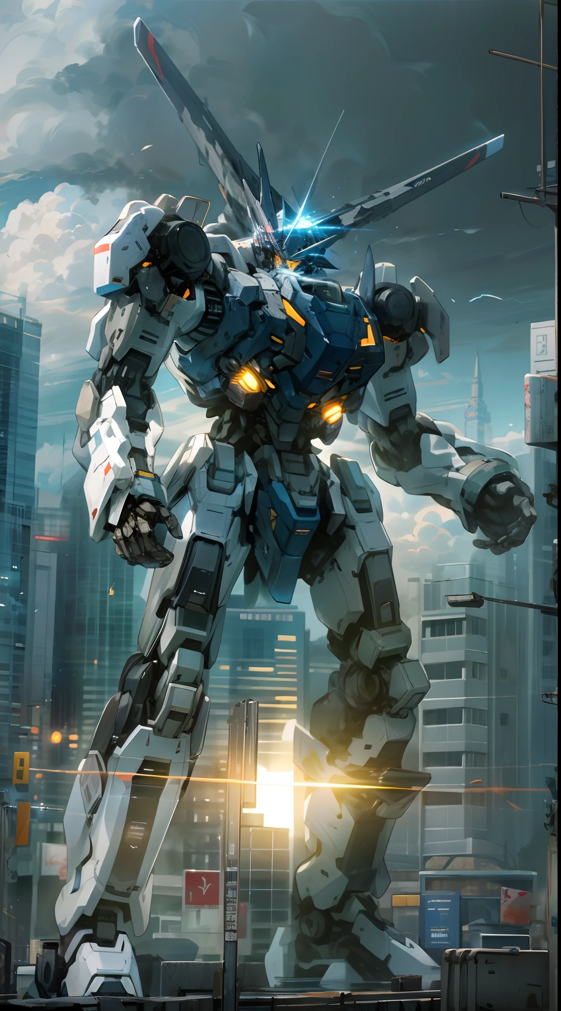 sky, cloud, holding_weapon, no_humans, glowing, , robot, building, glowing_eyes, mecha, science_fiction, city, realistic,mecha