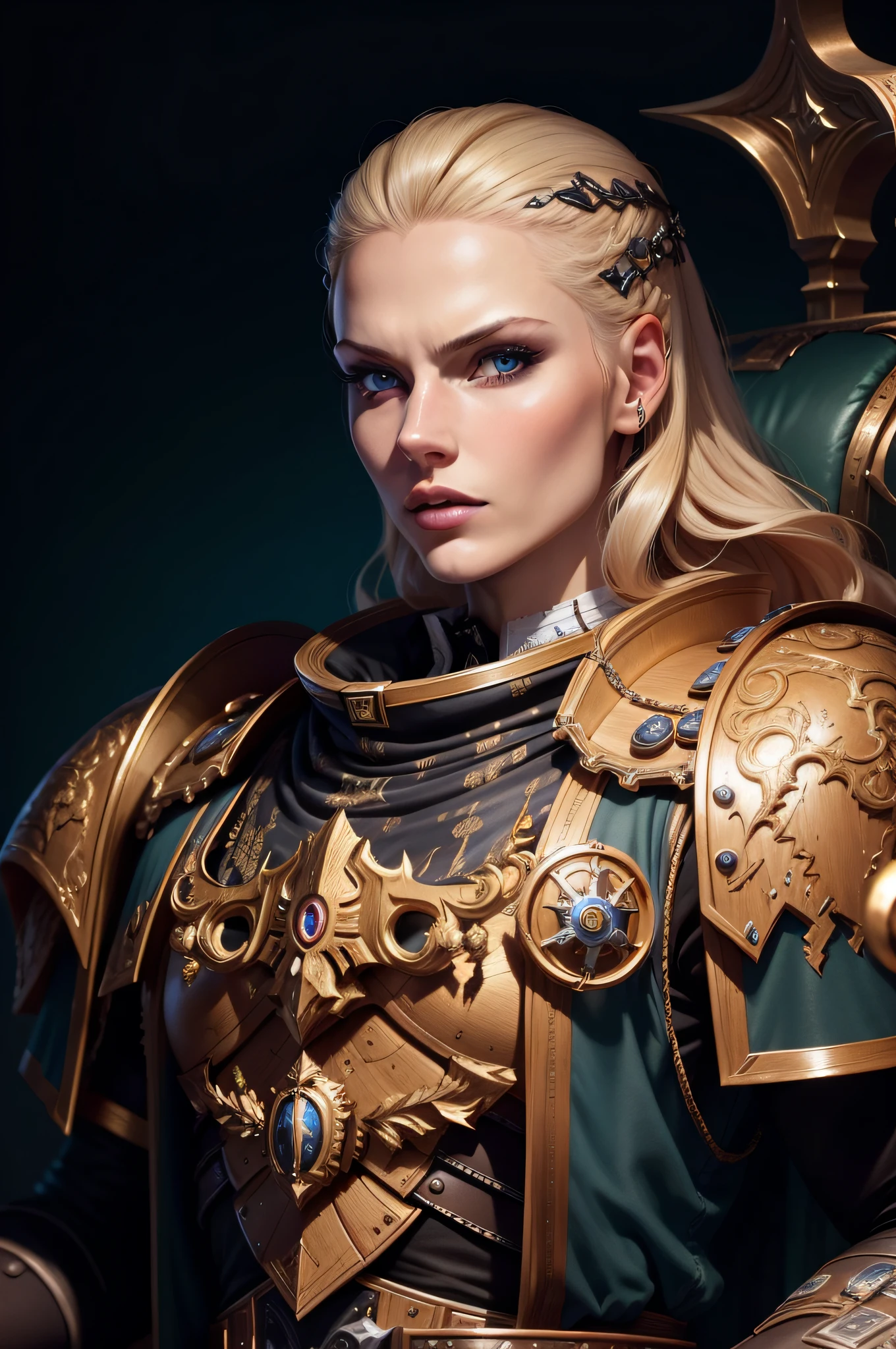 woman, (perfect face), defined jawline, beautiful lips, (beautiful bright yellow eyes), (long white hair), (detailed bulky black space marine armor, metallic reflections, gold accents:1.2), (looking off to the distance), (medium shot photograph), (arid tundra background), <lora:WH40K:0.8>, realistic