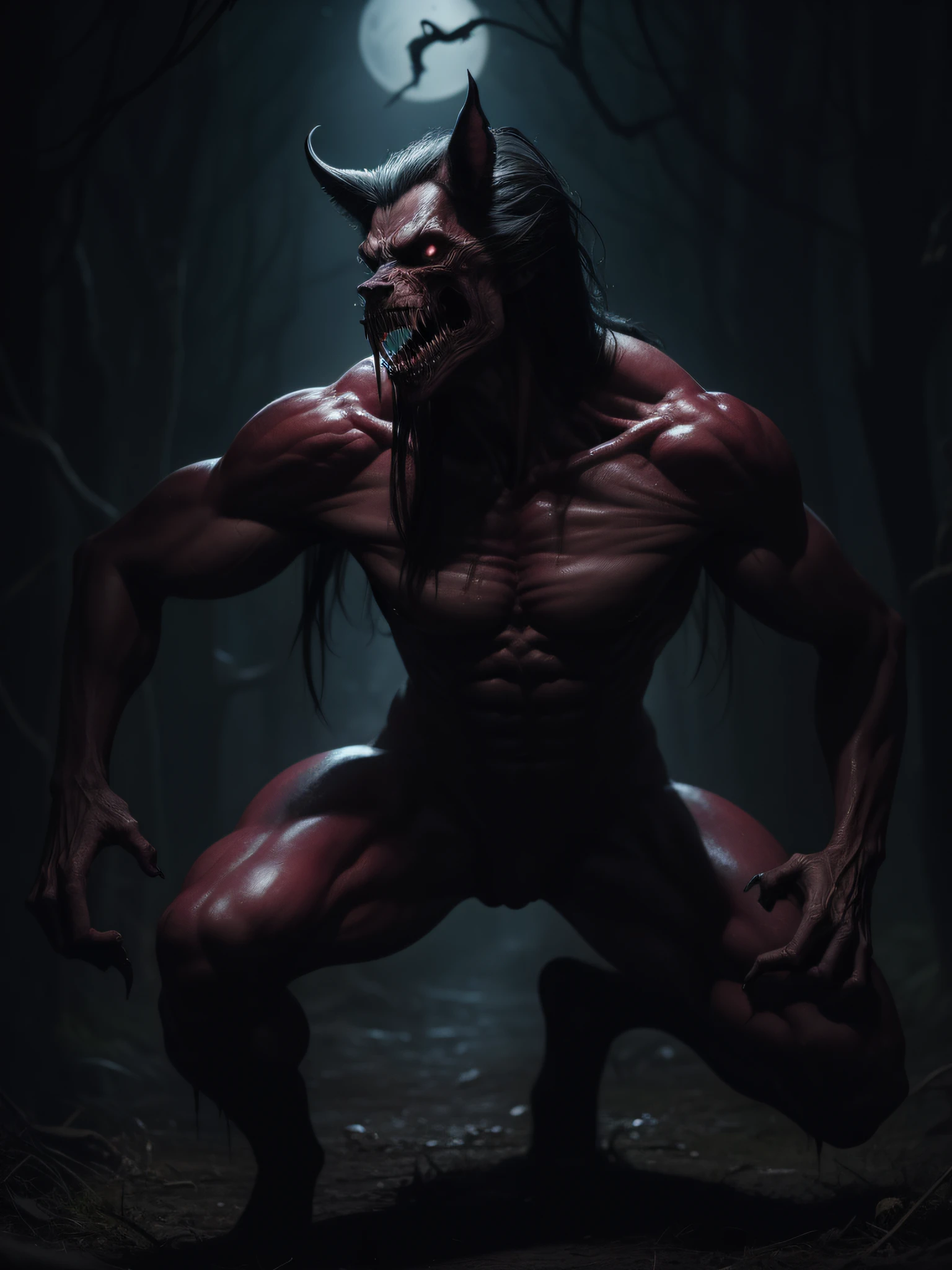 "Horror art depicting a terrifying vampire skinny beast.", hyper-detailed, realistic, creepy, agressive, "humpbacked pose", agrresive, dynamic, full body