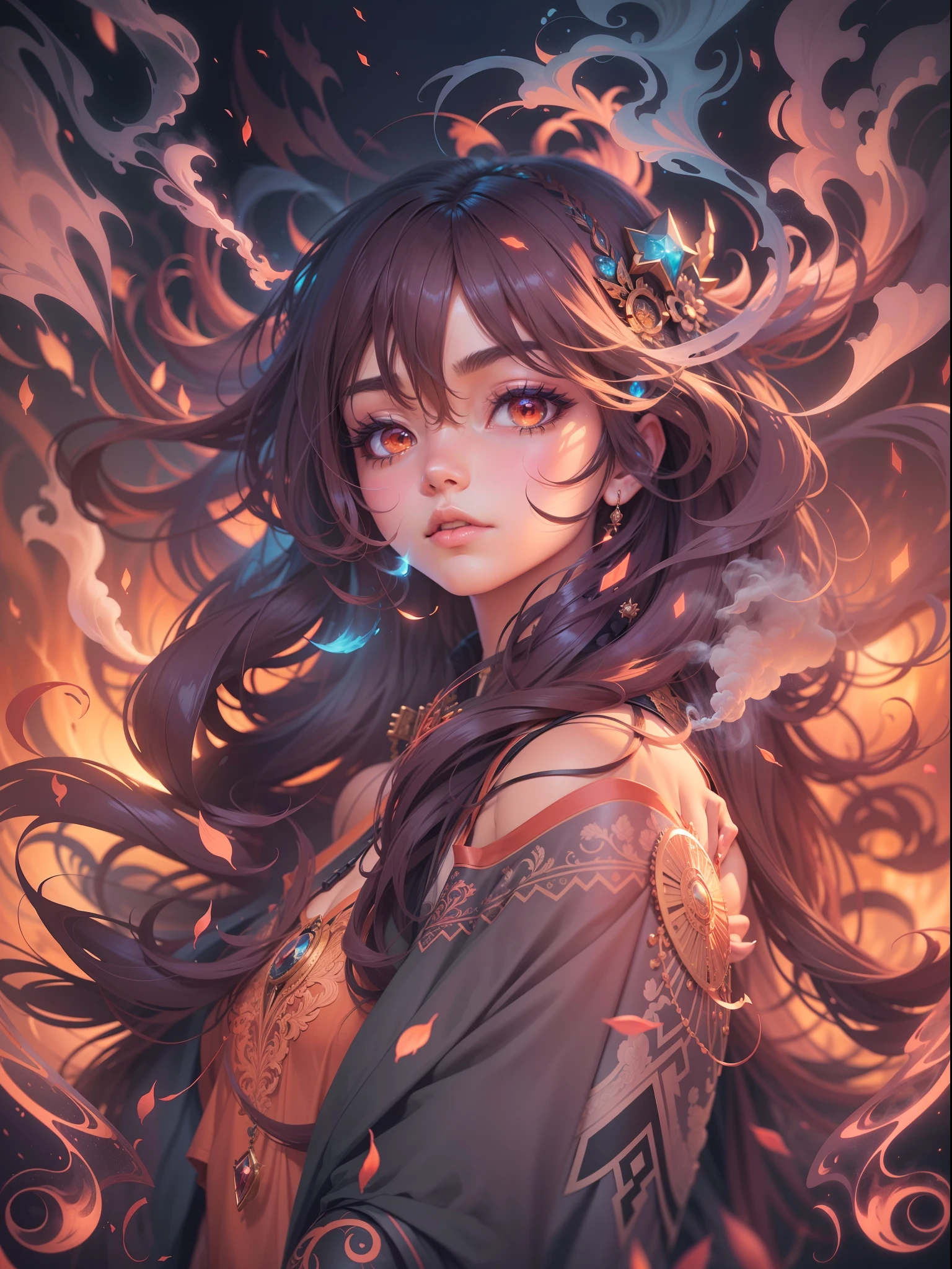 "Create a mesmerizing, high-definition artwork in an anime style featuring a captivating smoke background. Emphasize vibrant colors, intricate details, and a wide angle perspective. Enhance the composition with soft lighting and elements of fantasy."