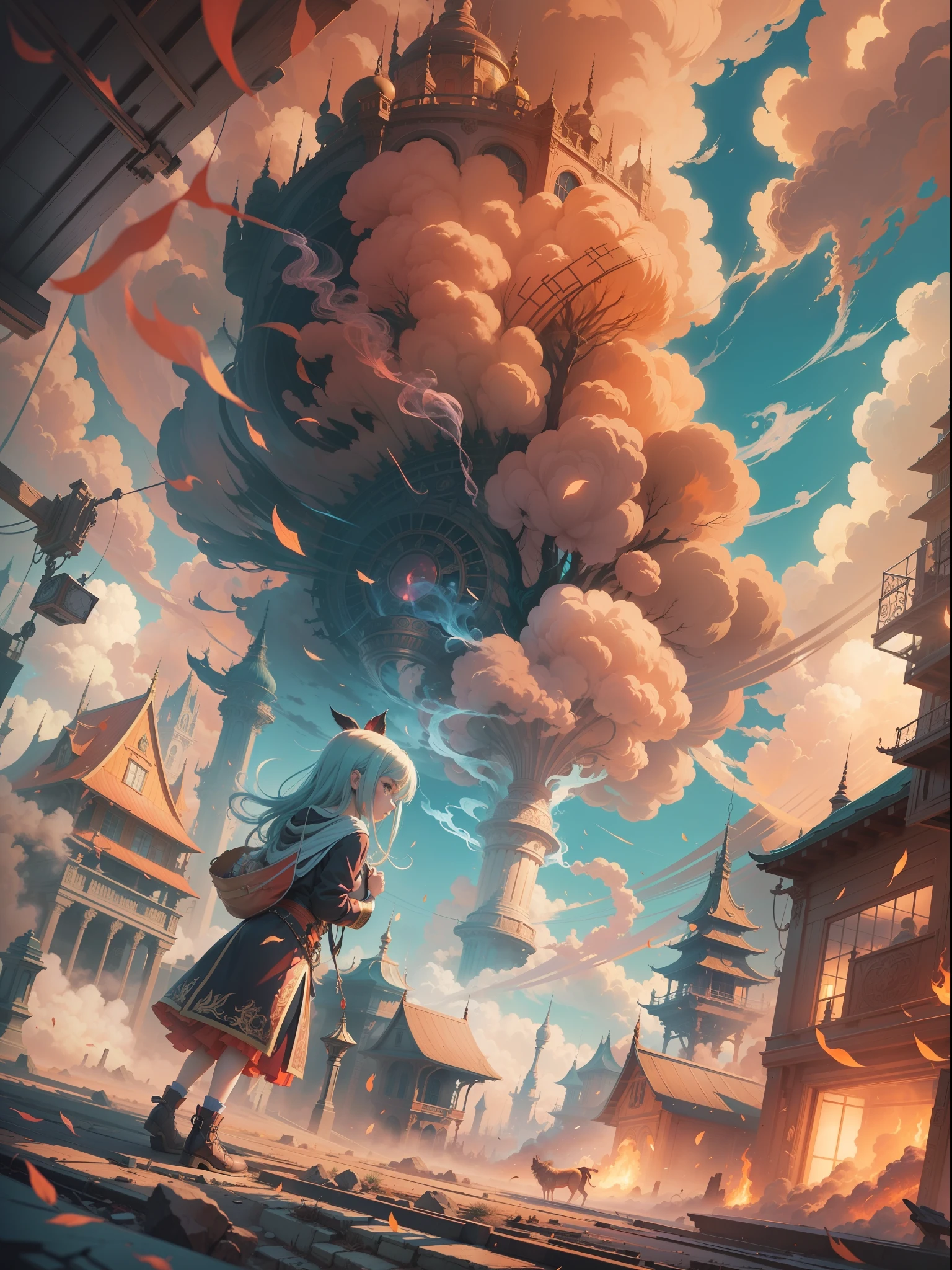 "Create a mesmerizing, high-definition artwork in an anime style featuring a captivating smoke background. Emphasize vibrant colors, intricate details, and a wide angle perspective. Enhance the composition with soft lighting and elements of fantasy."
