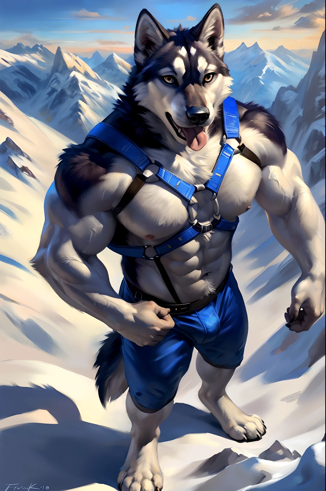 very muscular husky flexing muscles, standing on top of a mountain, wearing climbing harness. 4k, high resolution, best quality, perfect colors, perfect shadows, perfect lighting, posted on e621, furry body, anthro body, anthro husky, husky, solo, male, adult, masculine, (very muscular, large muscles, buff:1.2), correct anatomy, (photorealistic fur, detailed fur, epic, masterpiece:1.2), (detailed mountain background, on top of the mountain, clouds, nature landscape, snow, winter), sexy shadows, (by echin, by Taran Fiddler, by Juiceps, by Rukis), (detailed eyes:1.2), impressive physique, confident pose, strong pose, confident face, proud, looking at camera, close to camera, happy chest, (open mouth, tongue), pectorals, (high-angle shot:1.2), biceps, flexing, bodybuilder,