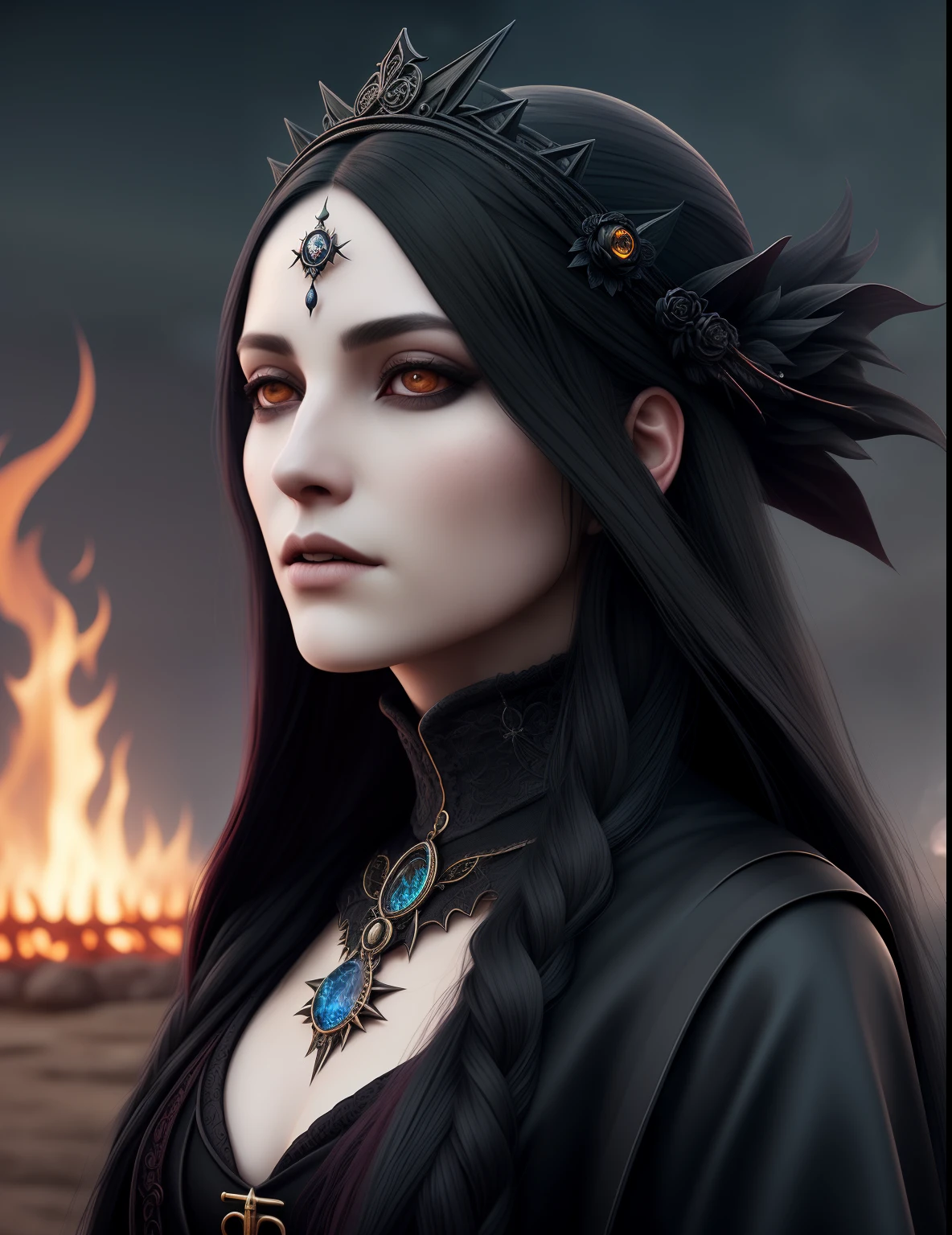 witch priestess, long black hair blowing in the wind, caldren, fire, black dog, Concept art portrait, hyperdetailed intricately detailed gothic art, textured skin, cold skin pores, Unreal Engine 5 detailed matte painting, deep color, fantastical, intricate detail, complementary colors, fantasy concept art, 8k resolution, gothic deviantart masterpiece, moon