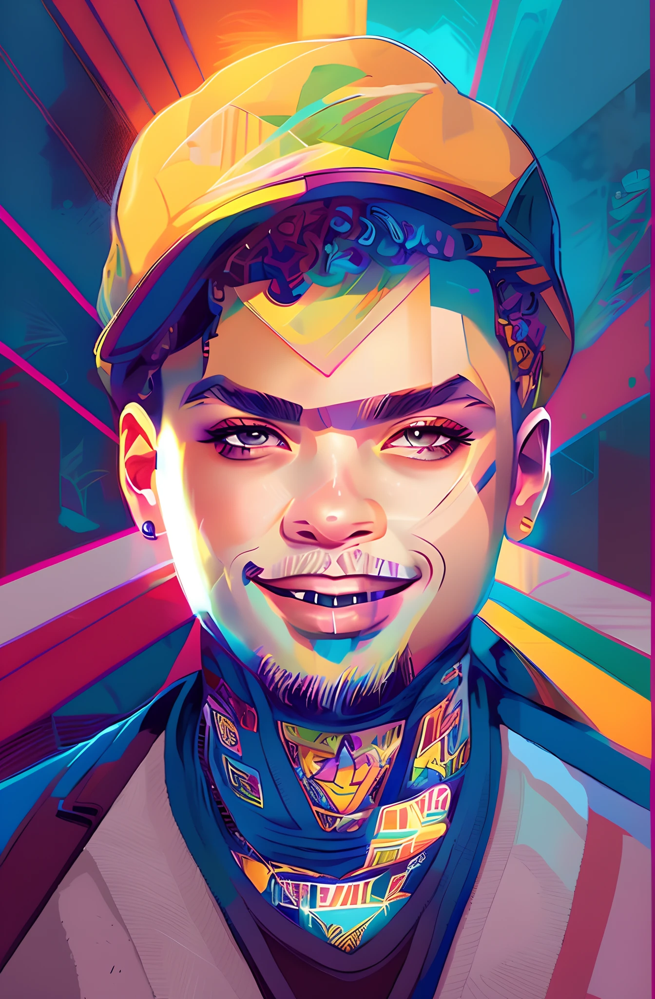 a closeup of a person with a colorful hat in, in illustration style digital, arte vibrante dos desenhos animados, Retrato CMYK, vibrant fan art, estilo de arte vetorial, retrato colorido detalhado, pintura digital vibrante, arte vetorial, arte dos desenhos animados, Cartoon style illustration, WPAP, estilo de arte dos desenhos animados, VectorArt detalhado, pintura digital dos desenhos animados, Epic portrait illustration