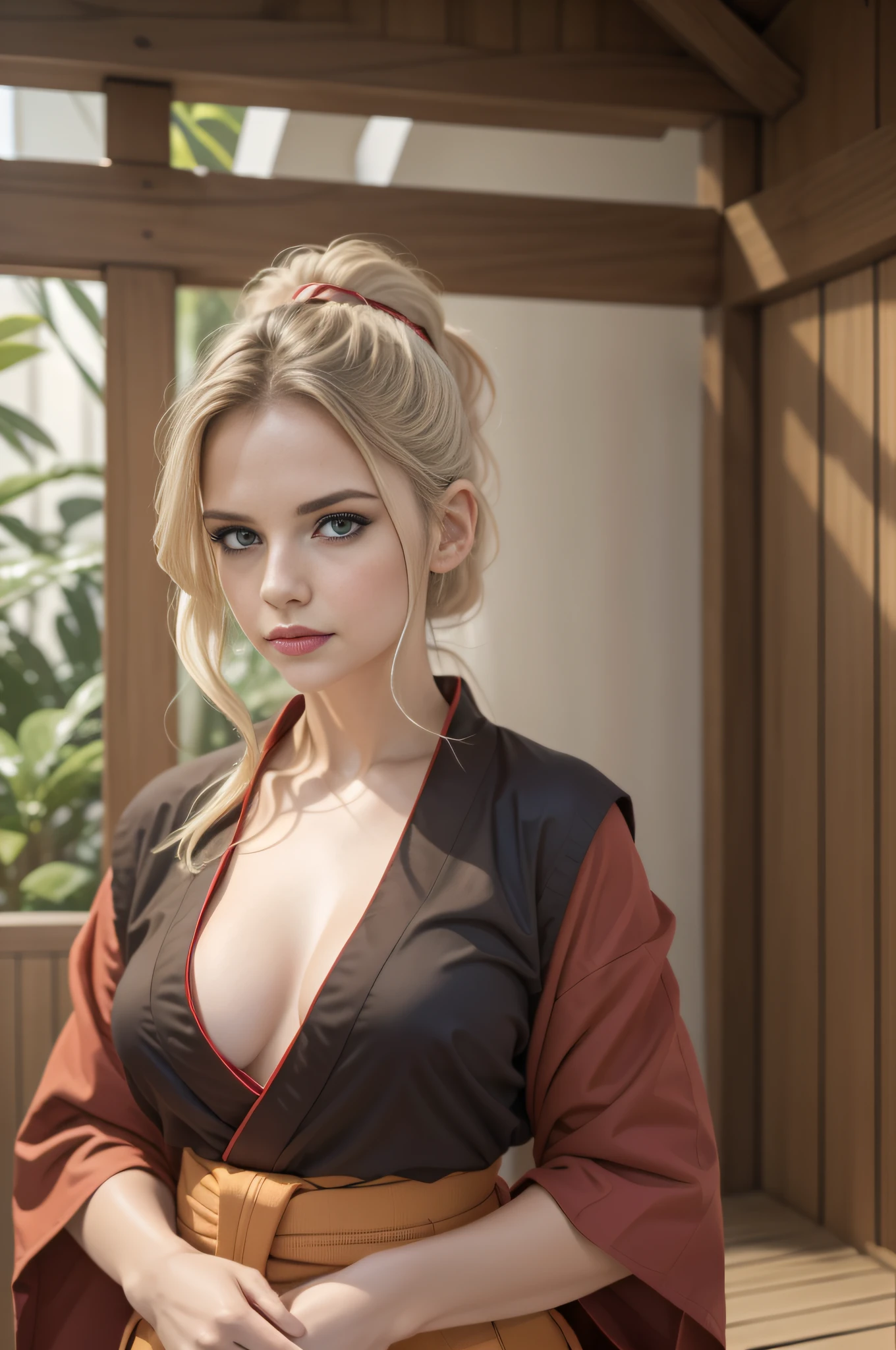 absurdres, foto RAW, mais alta qualidade, (obra-prima: 1.3), foto de cor RAW de alto detalhe, foto profissional, unidade de papel de parede CG 8k extremamente detalhada, foto-realista, realista, foto RAW, obra-prima, melhor qualidade, highres, illustration,
1girl, , alta, rabo de cavalo, cabelo loiro, medium length, pernas finas, rosto lindo perfeito realista, belos olhos castanhos detalhados, pele clara, textura de pele detalhada, seios planos, bunda pequena, corpo bonito. (kimono ninja vermelho, hakama vermelho, design detalhado) In a wooden dojo com espadas, spears and sticks in the background.