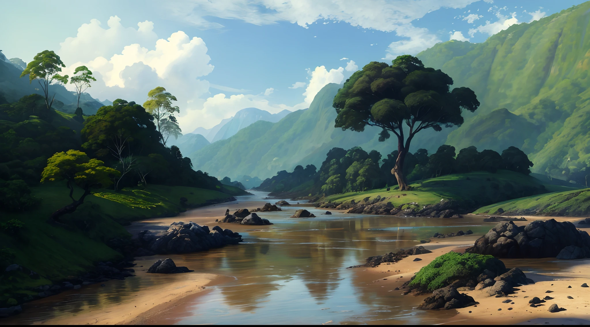 pintura de um rio que atravessa um vale verde exuberante com montanhas ao fundo, colinas fluidas, 8k resolution digital painting, 8k resolution digital painting, Pintura digital 4K, Pintura digital 4k, pintura digital detalhada, baixo detalhamento. pintura digital, Pintura Digital de Alto Detalhe, peaceful landscape, rio, trees and hills, pintura detalhada 4K, pintura digital 4k