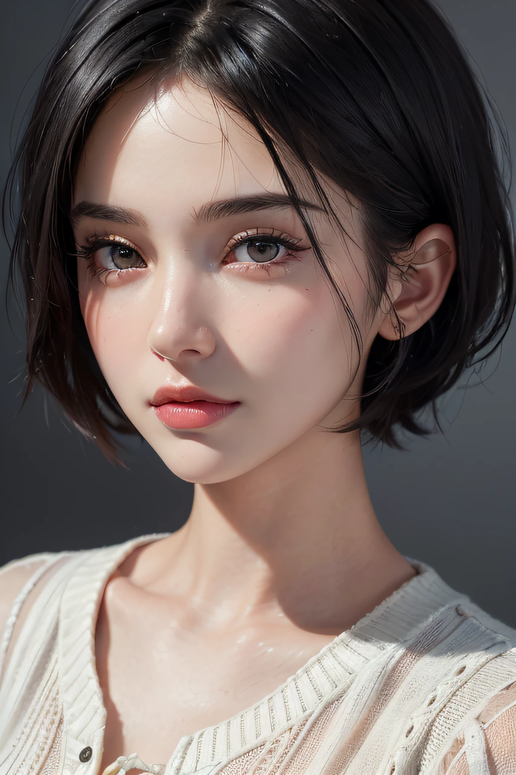masterpiece, Highest quality, {Highest quality}, {{masterpiece}}, {High resolution}, 8K uhd、RAWphotograph、Model photo shoot、 European race、(masterpiece、Highest quality、Photorealistic、High resolution、photograph:1.3)、Close-up、Focusing、Hot Model、slim、30 year old mature woman、Small face、No makeup、short hair、Dark Hair、Thin beautiful eyes、Real Skin、(perfect body)、Detailed beautiful eyes、Glossy lips、Small breasts、Small breasts、Bust B cup、Realistic details、Cool beauty、Sexy pose、Background gray、Plain gray background