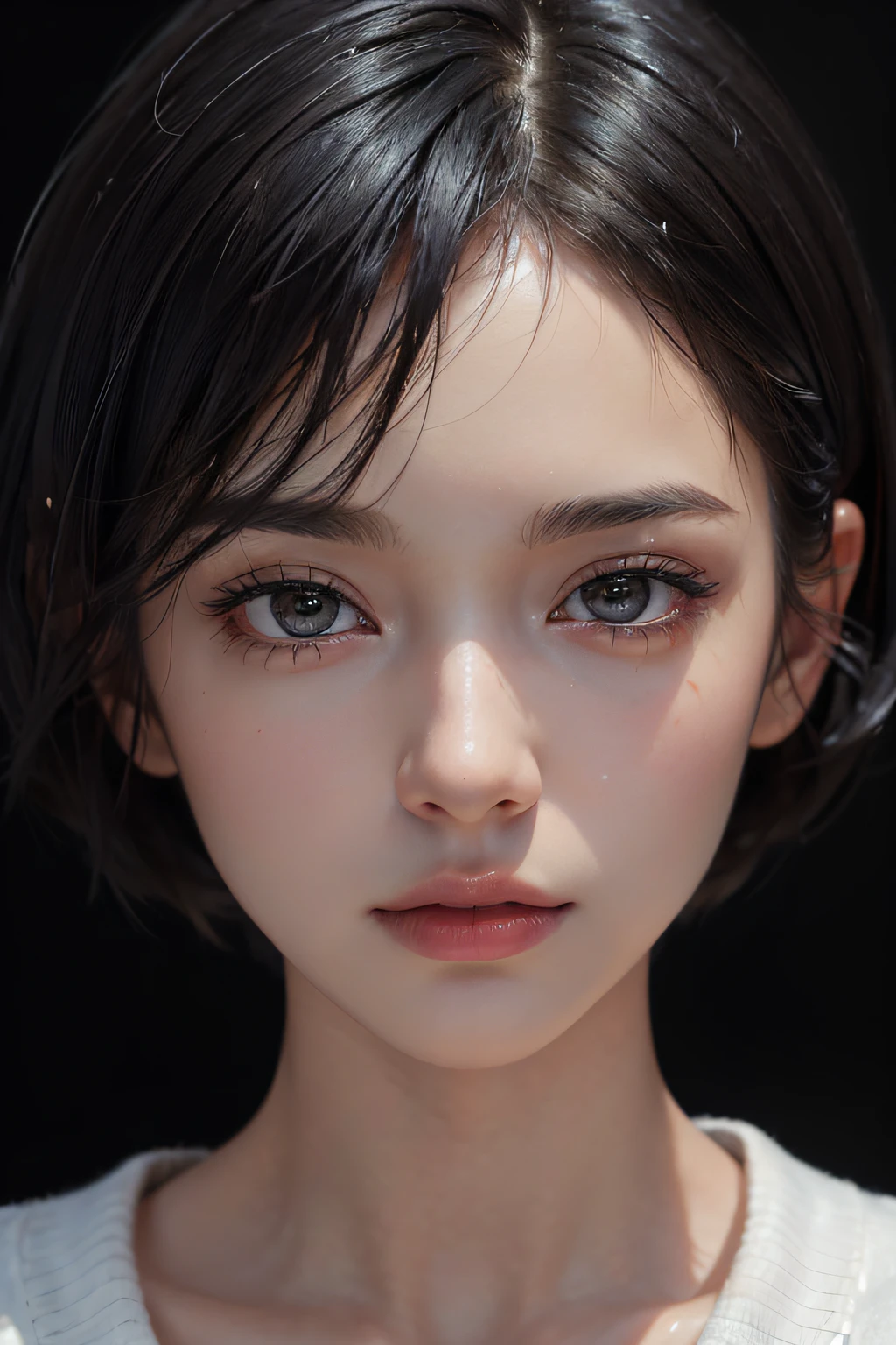 (masterpiece:1.3), (8k, photorealistic, RAW photo, best quality: 1.4), (1girl), beautiful face, (realistic face), (black hair, short hair:1.3), beautiful hairstyle, realistic eyes, beautiful detailed eyes, (realistic skin), beautiful skin, (sweater), absurdres, attractive, ultra high res, ultra realistic, highly detailed, golden ratio